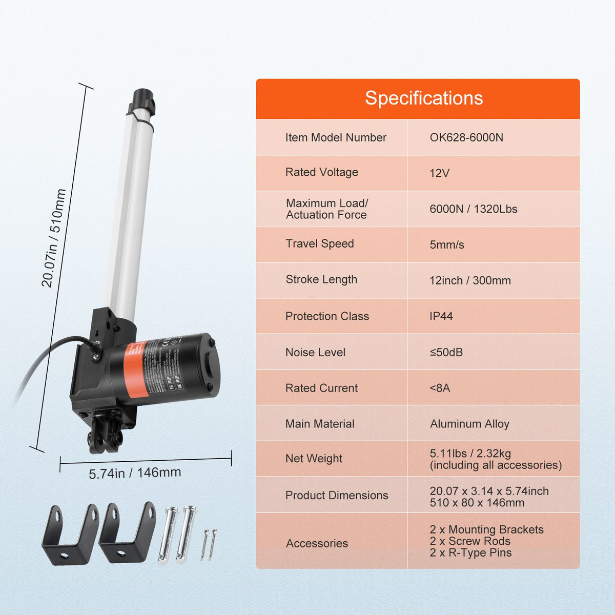 Linear Actuator 12V, 12 Inch Heavy Duty 1320lbs/6000N Linear Actuator, 0.19"/s Linear Motion Actuator with Mounting Bracket & IP44 Protection for Electric Door Industrial Machinery Vessels Cargo
