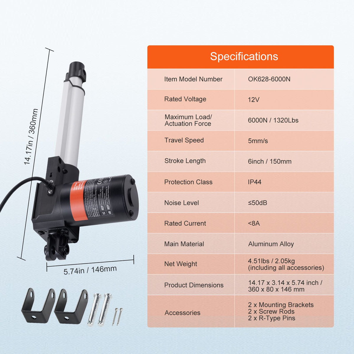 Linear Actuator 12V, 6 Inch Heavy Duty 1320lbs/6000N Linear Actuator, 0.19"/s Linear Motion Actuator with Mounting Bracket & IP44 Protection for Electric Door Industrial Machinery Vessels Cargo