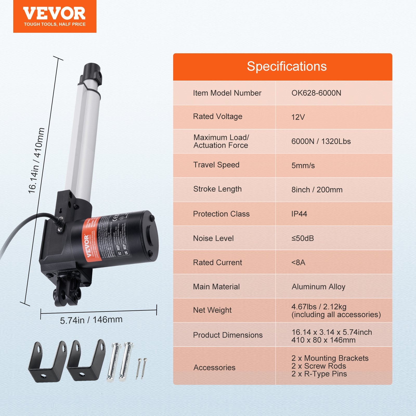 Animal Traps: VEVOR Linear Actuator 12V, 8 Inch Heavy Duty 1320lbs/6000N Linear Actuator, 0.19"/s Linear Motion Actuator with Mounting Bracket & IP44 Protection for Electric Door Industrial Machinery Vessels Cargo