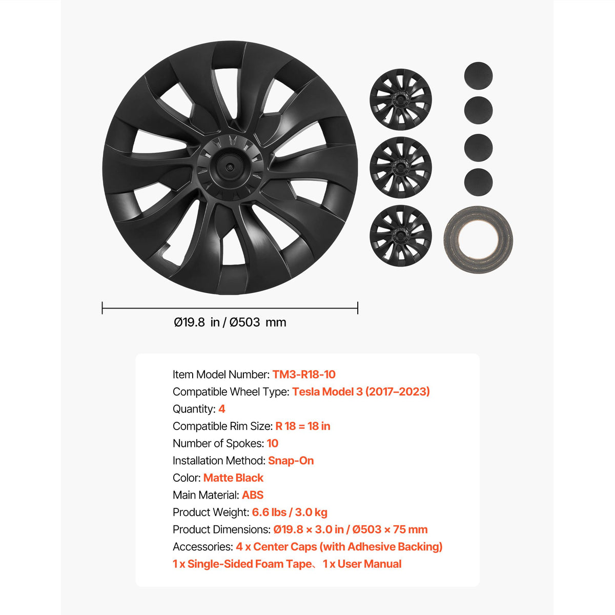 Hubcaps Wheel Covers for 2017-2023 Tesla Model 3, 18 Inch Set of 4 Wheel Rim Cover Hubcaps OEM Style Replacement, R18 Size Snap On Car Hub Caps, Premium 10-Spoke ABS Tire Rim Caps, Matte Black