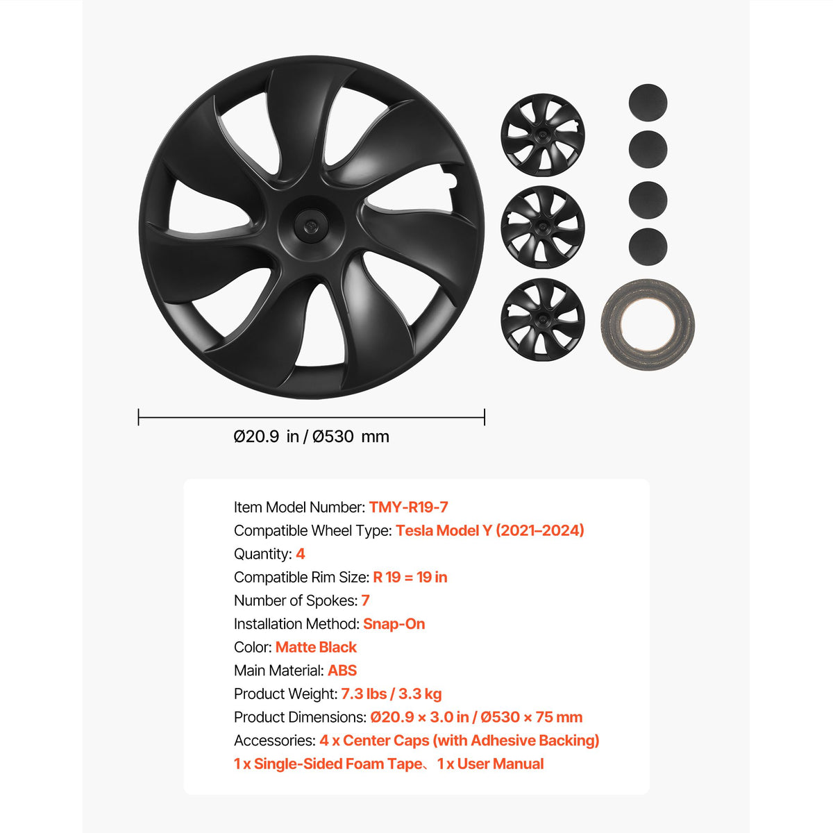 Hubcaps Wheel Covers for 2021-2024 Tesla Model Y, 19 Inch Set of 4 Wheel Rim Cover Hubcaps OEM Style Replacement, R19 Size Snap On Car Hub Caps, Premium 7-Spoke ABS Tire Rim Caps, Matte Black