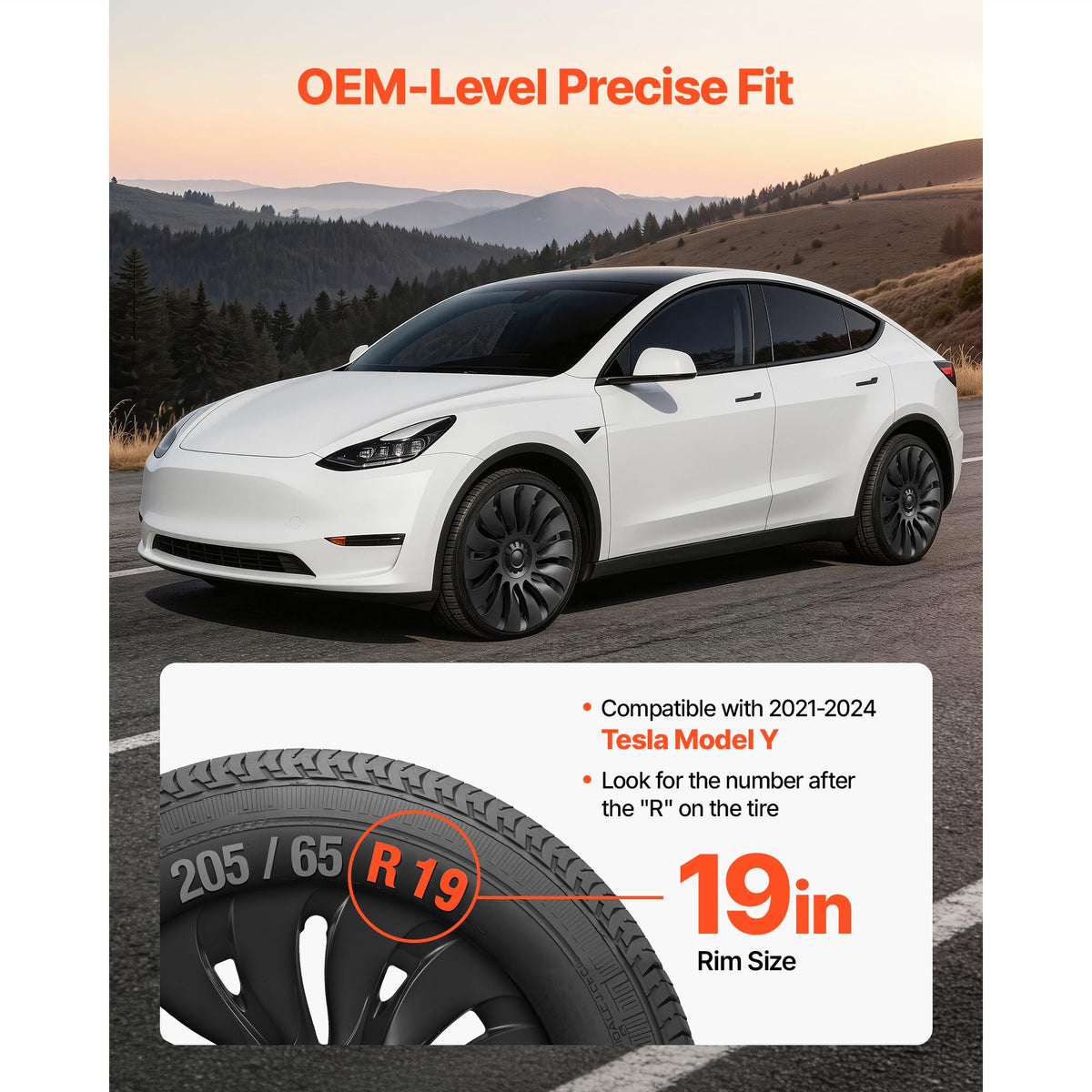 Hubcaps Wheel Covers for 2021-2024 Tesla Model Y, 19 Inch Set of 4 Wheel Rim Cover Hubcaps OEM Style Replacement, R19 Size Snap On Car Hub Caps, Premium 14-Spoke ABS Tire Rim Caps, Matte Black