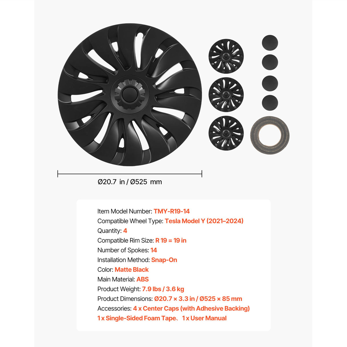 Hubcaps Wheel Covers for 2021-2024 Tesla Model Y, 19 Inch Set of 4 Wheel Rim Cover Hubcaps OEM Style Replacement, R19 Size Snap On Car Hub Caps, Premium 14-Spoke ABS Tire Rim Caps, Matte Black