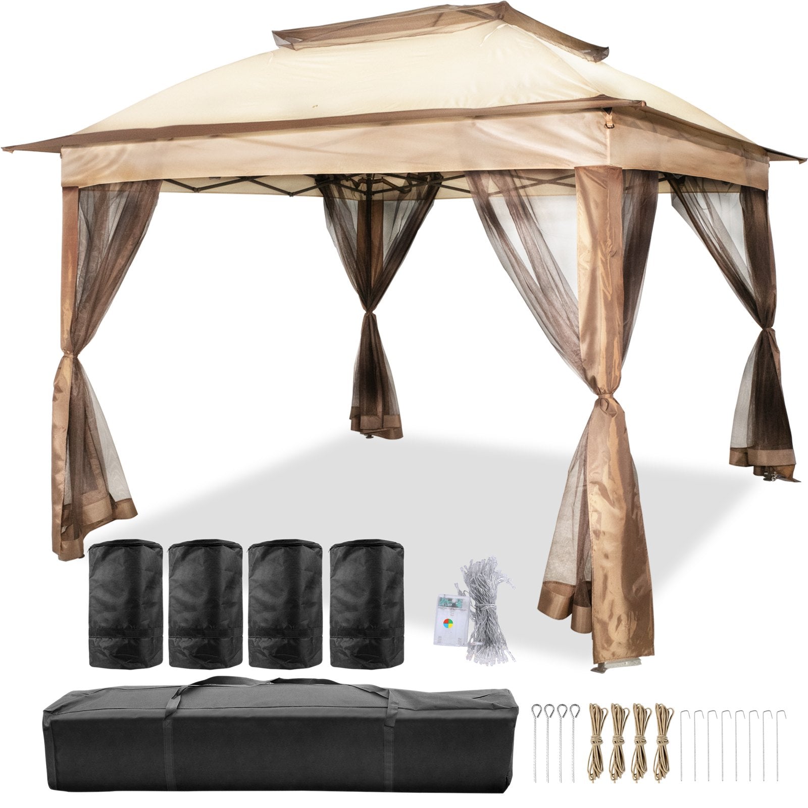 Tents: VEVOR Outdoor Canopy Gazebo Tent, Portable Canopy Shelter with 11\'x11\' Large Shade Space for Party, Backyard, Patio Lawn and Garden, 4 Sandbags, Carrying Bag and Netting Included, Brown