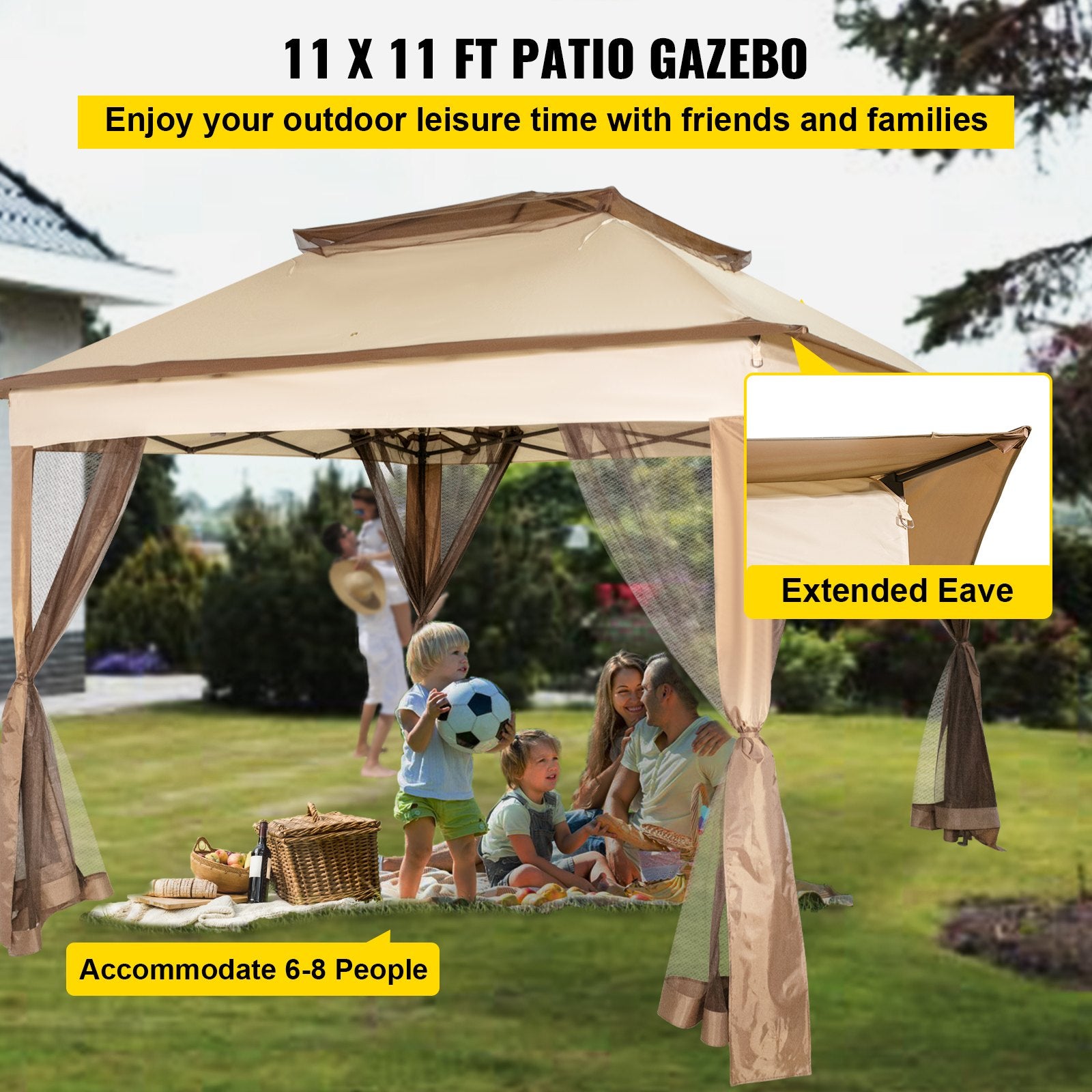 Tents: VEVOR Outdoor Canopy Gazebo Tent, Portable Canopy Shelter with 11\'x11\' Large Shade Space for Party, Backyard, Patio Lawn and Garden, 4 Sandbags, Carrying Bag and Netting Included, Brown