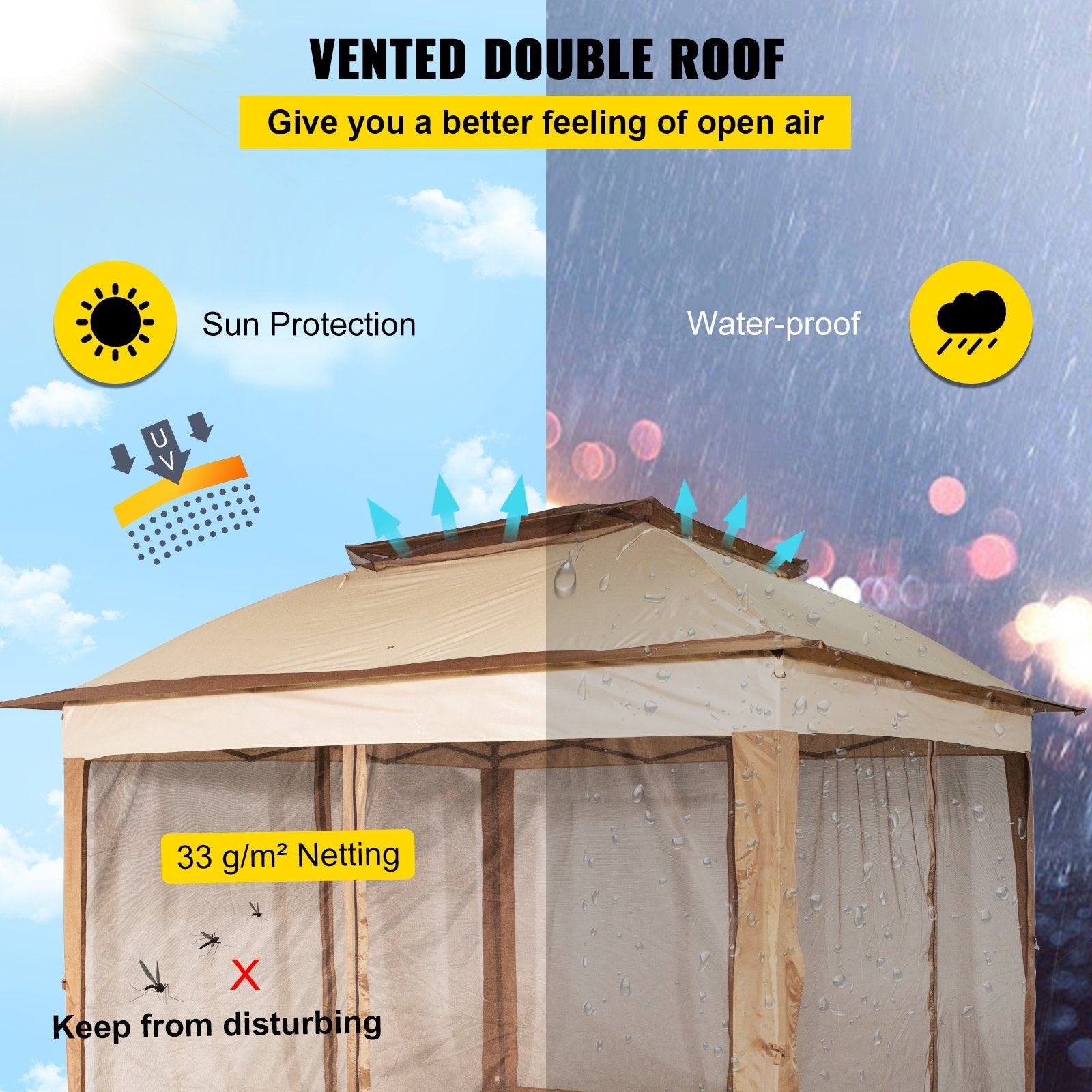 Tents: VEVOR Outdoor Canopy Gazebo Tent, Portable Canopy Shelter with 11\'x11\' Large Shade Space for Party, Backyard, Patio Lawn and Garden, 4 Sandbags, Carrying Bag and Netting Included, Brown