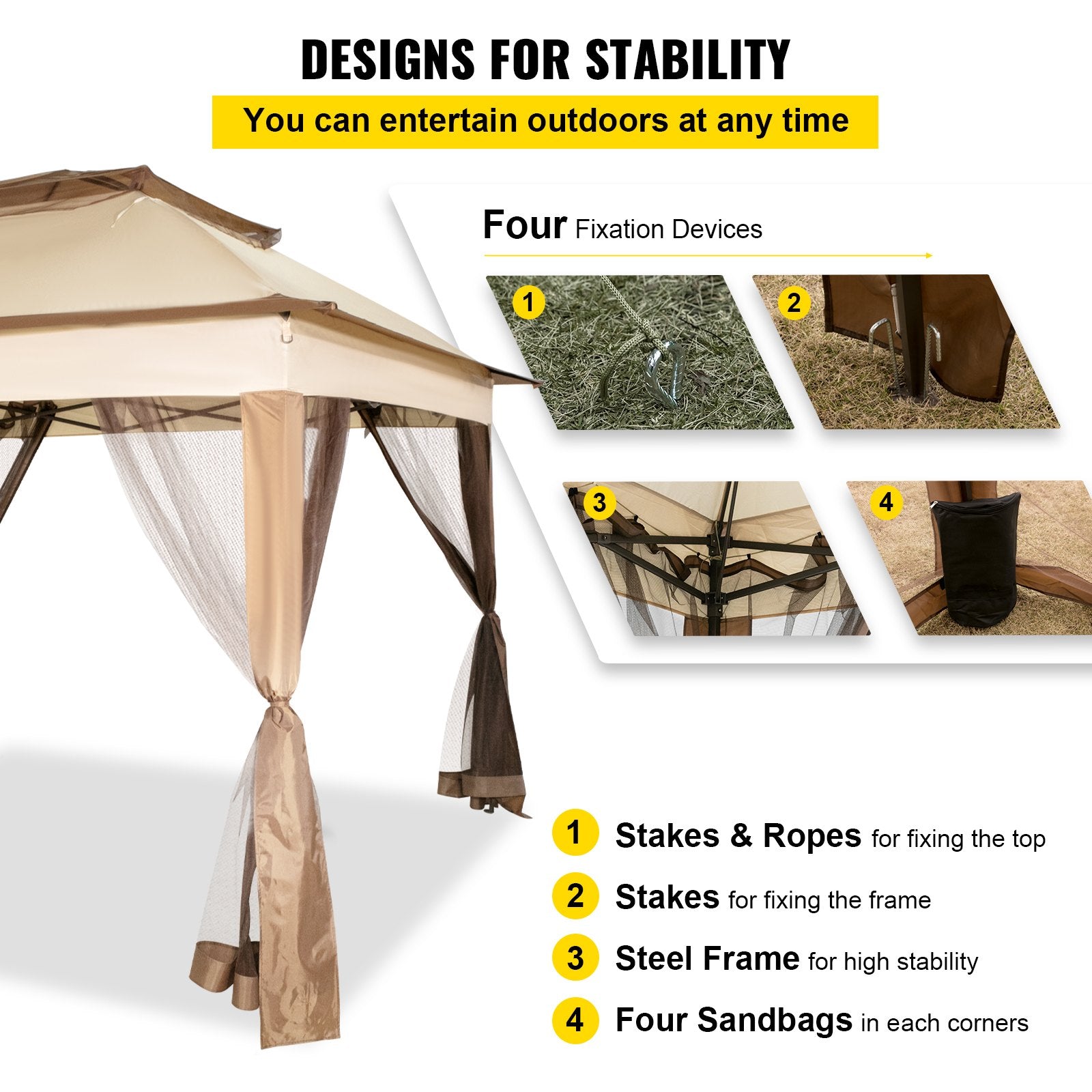 Tents: VEVOR Outdoor Canopy Gazebo Tent, Portable Canopy Shelter with 11\'x11\' Large Shade Space for Party, Backyard, Patio Lawn and Garden, 4 Sandbags, Carrying Bag and Netting Included, Brown