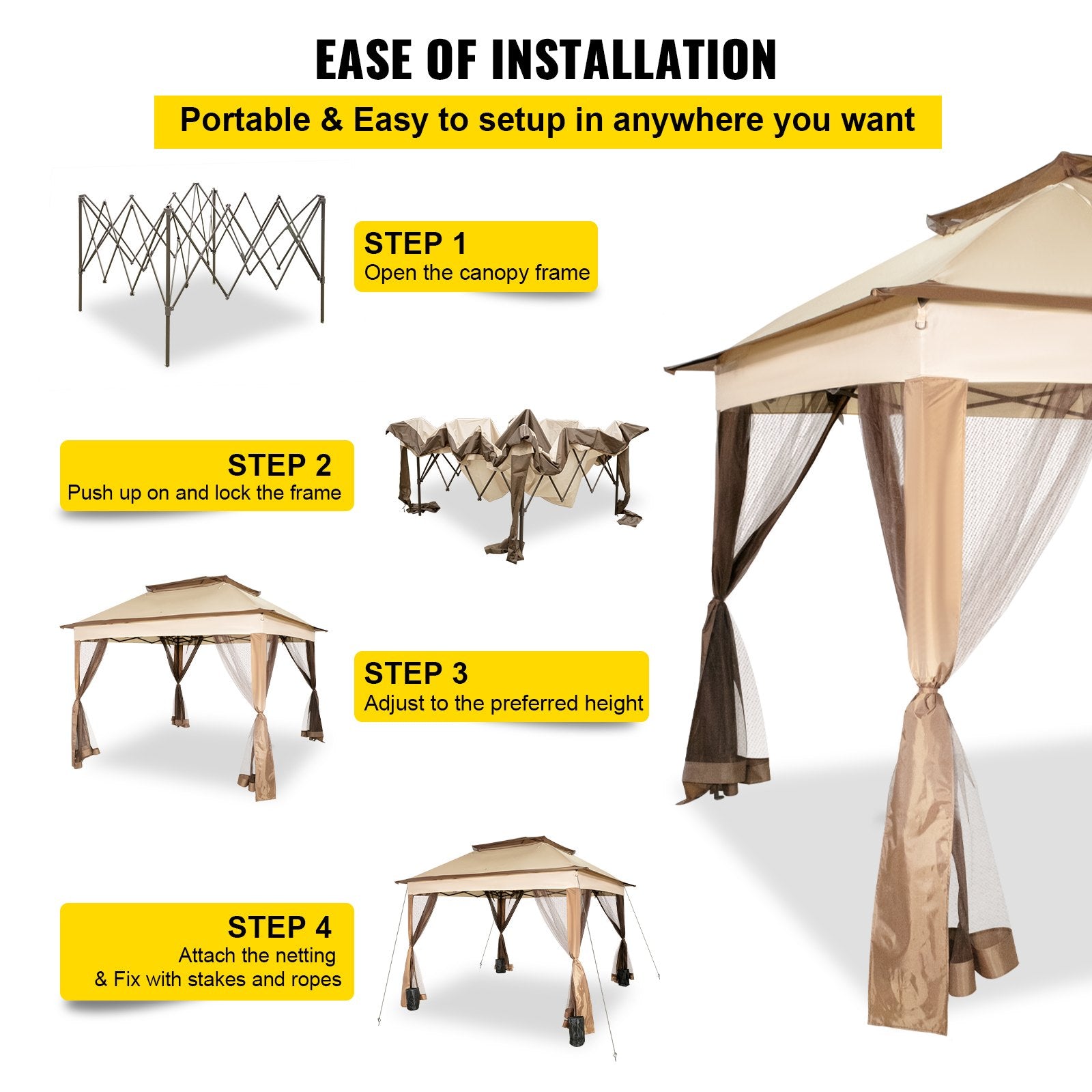 Tents: VEVOR Outdoor Canopy Gazebo Tent, Portable Canopy Shelter with 11\'x11\' Large Shade Space for Party, Backyard, Patio Lawn and Garden, 4 Sandbags, Carrying Bag and Netting Included, Brown