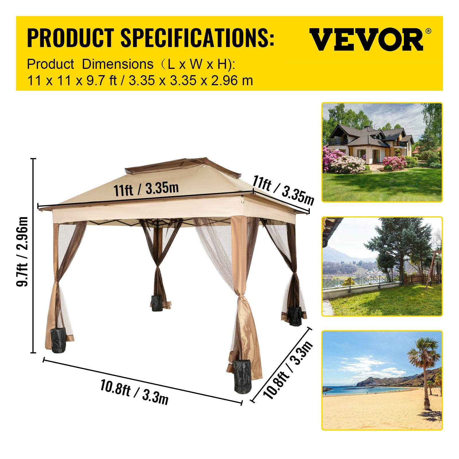 Tents: VEVOR Outdoor Canopy Gazebo Tent, Portable Canopy Shelter with 11\'x11\' Large Shade Space for Party, Backyard, Patio Lawn and Garden, 4 Sandbags, Carrying Bag and Netting Included, Brown