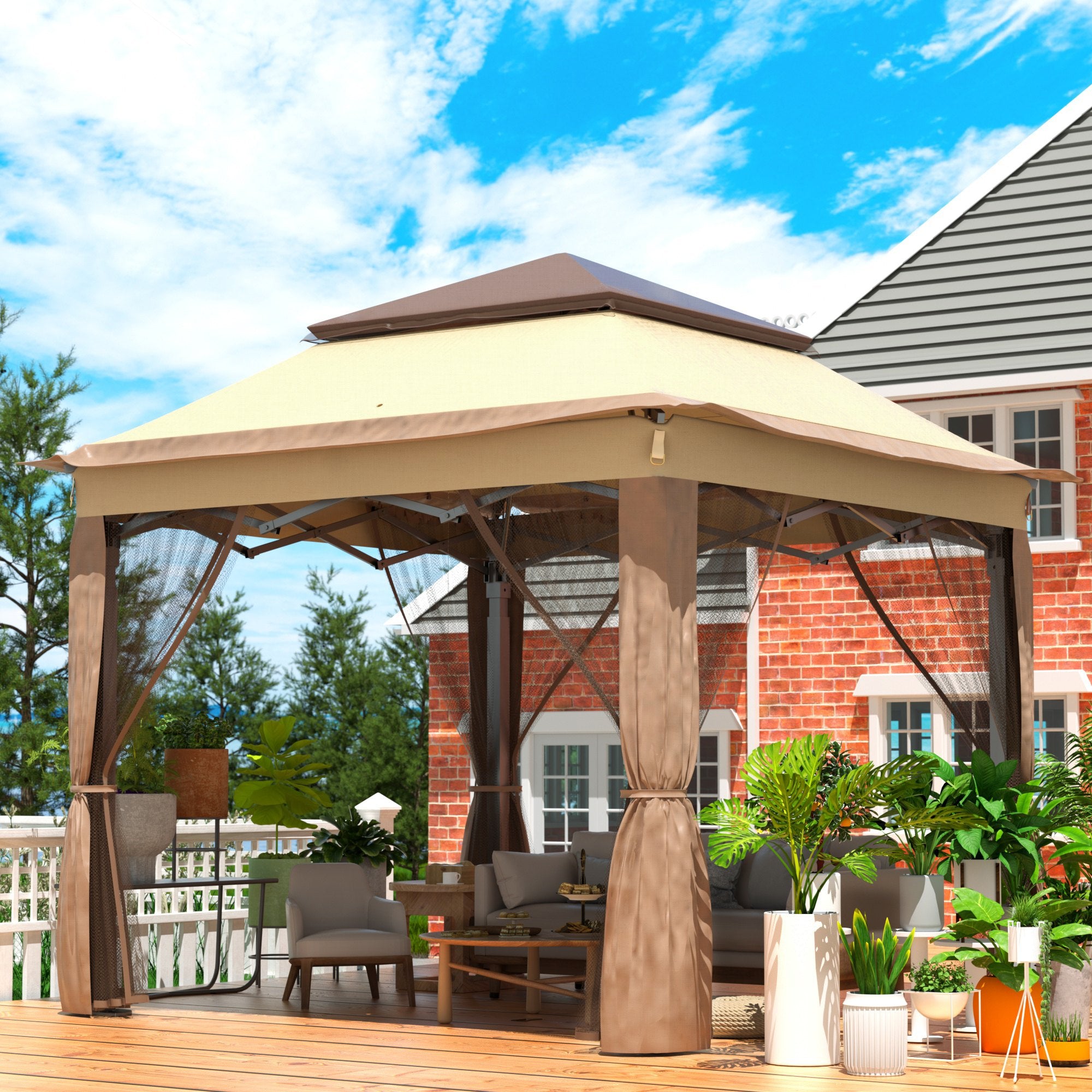 Tents: VEVOR Outdoor Canopy Gazebo Tent, Portable Canopy Shelter with 11\'x11\' Large Shade Space for Party, Backyard, Patio Lawn and Garden, 4 Sandbags, Carrying Bag and Netting Included, Brown