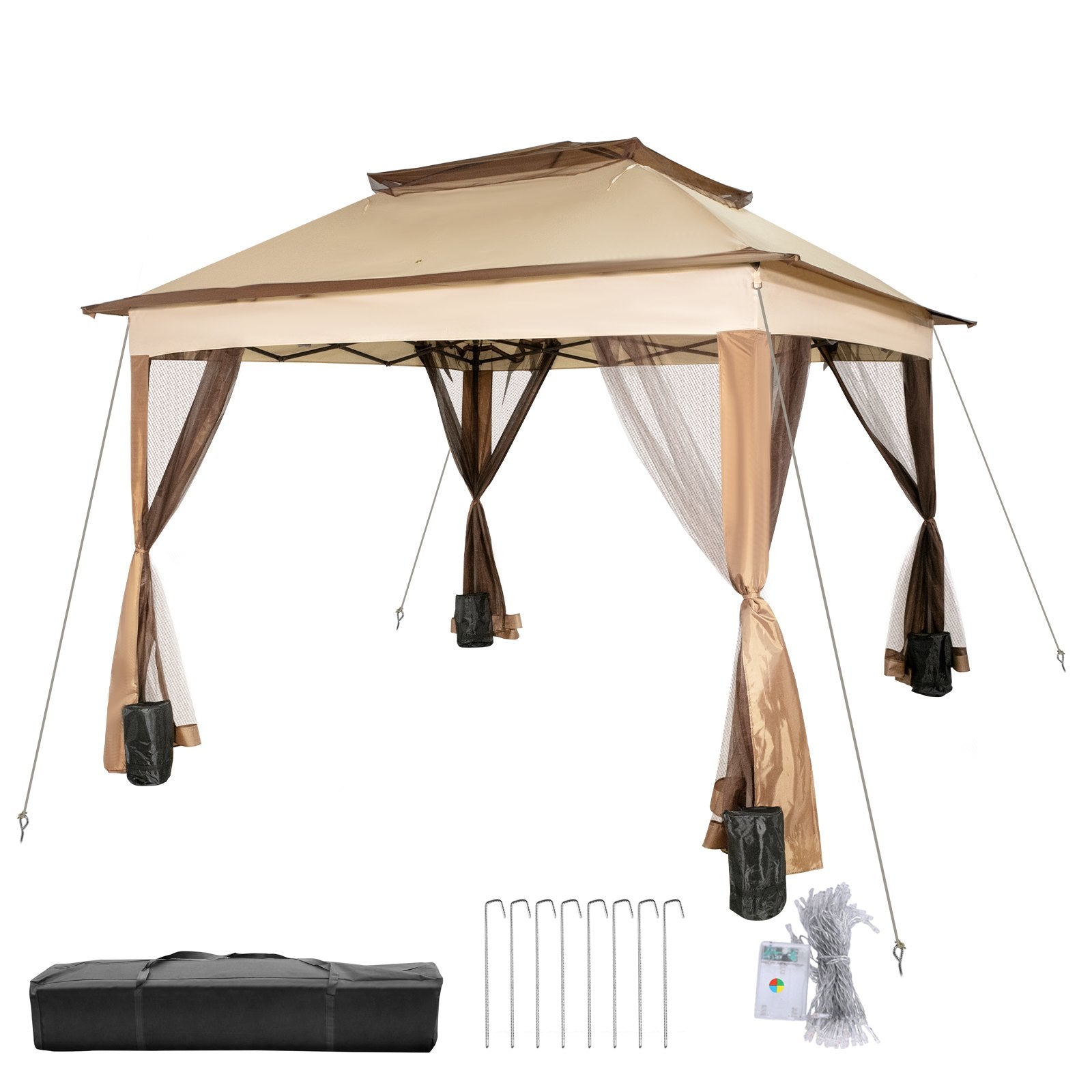 Tents: VEVOR Outdoor Canopy Gazebo Tent, Portable Canopy Shelter with 11\'x11\' Large Shade Space for Party, Backyard, Patio Lawn and Garden, 4 Sandbags, Carrying Bag and Netting Included, Brown