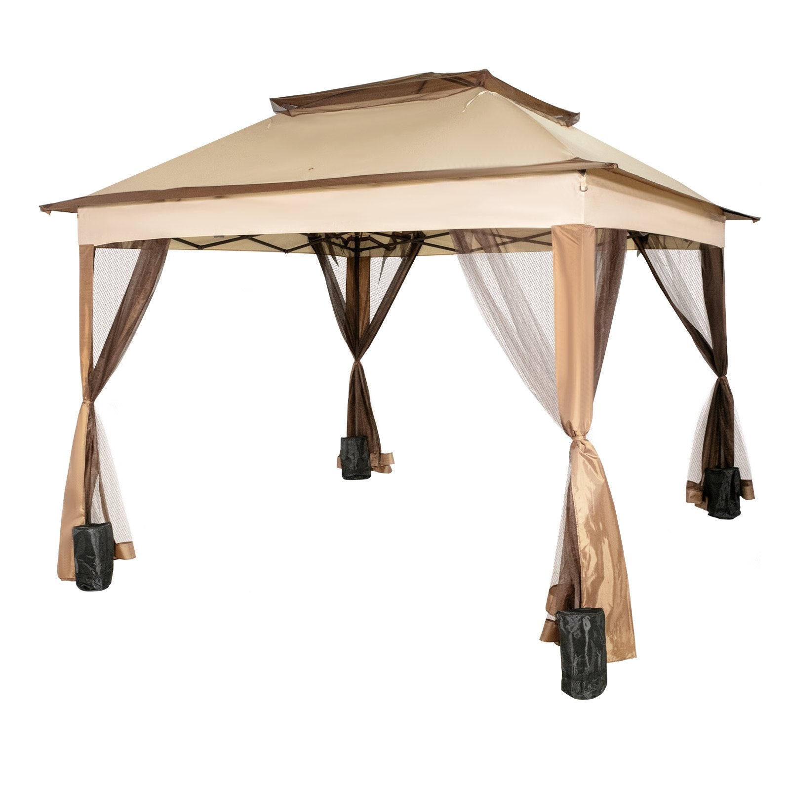Tents: VEVOR Outdoor Canopy Gazebo Tent, Portable Canopy Shelter with 11\'x11\' Large Shade Space for Party, Backyard, Patio Lawn and Garden, 4 Sandbags, Carrying Bag and Netting Included, Brown