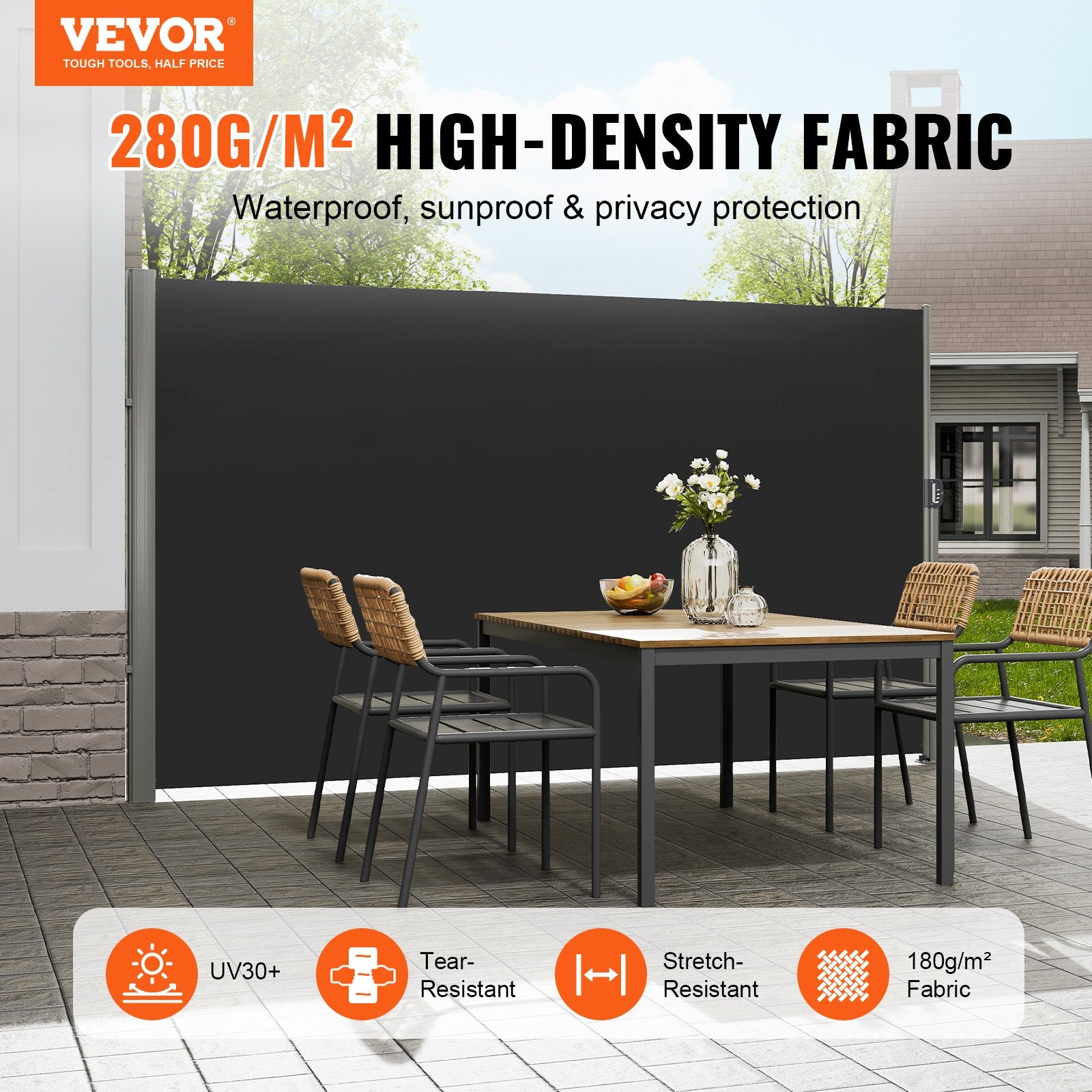 Canopies & Gazebos: VEVOR Retractable Side Awning, 160X300cm Aluminum Outdoor Privacy Screen, 280g Polyester Water-proof Retractable Patio Screen, UV 30+ Room Divider Wind Screen for Patio, Backyard, Balcony, Black