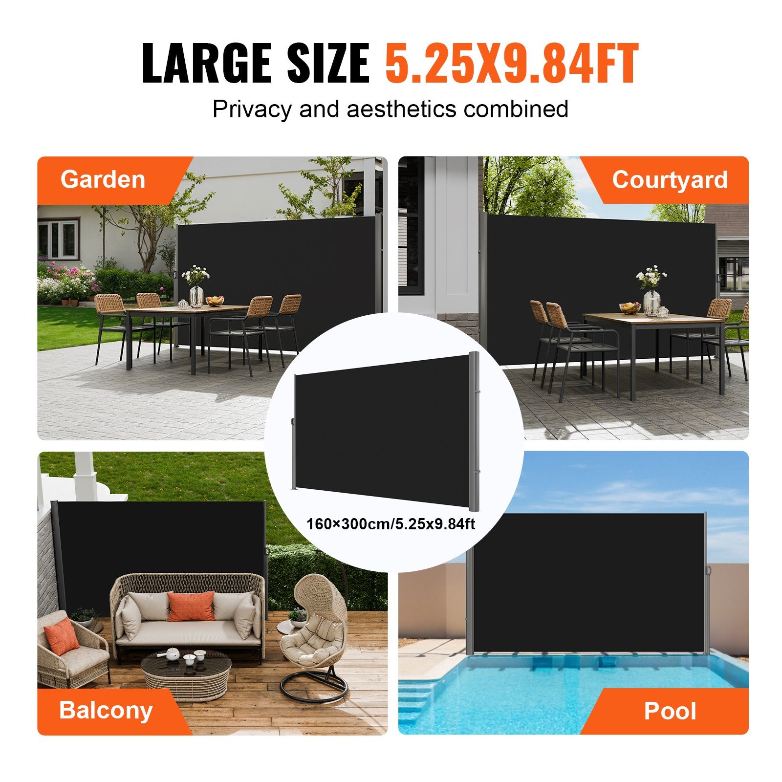 Canopies & Gazebos: VEVOR Retractable Side Awning, 160X300cm Aluminum Outdoor Privacy Screen, 280g Polyester Water-proof Retractable Patio Screen, UV 30+ Room Divider Wind Screen for Patio, Backyard, Balcony, Black
