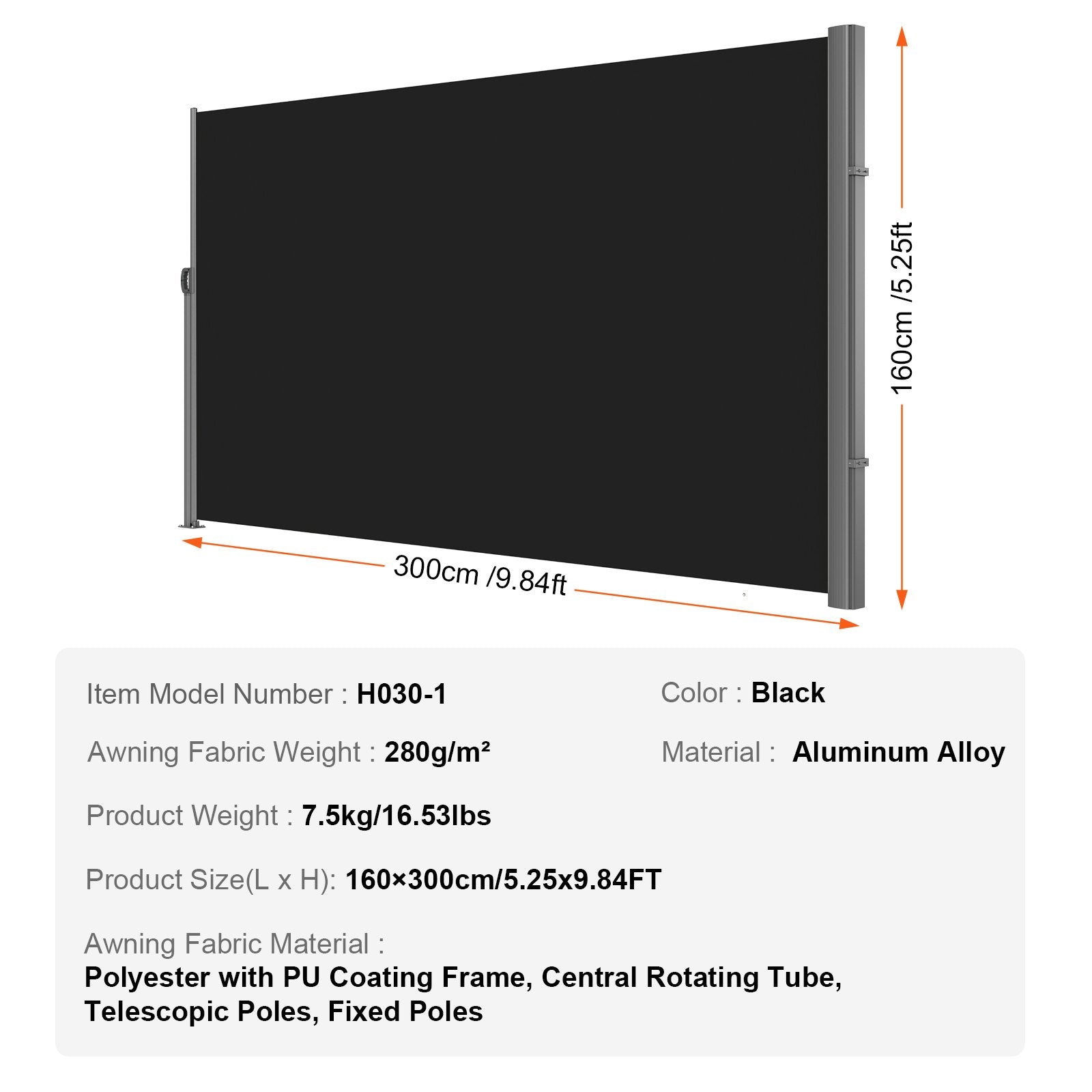 Canopies & Gazebos: VEVOR Retractable Side Awning, 160X300cm Aluminum Outdoor Privacy Screen, 280g Polyester Water-proof Retractable Patio Screen, UV 30+ Room Divider Wind Screen for Patio, Backyard, Balcony, Black