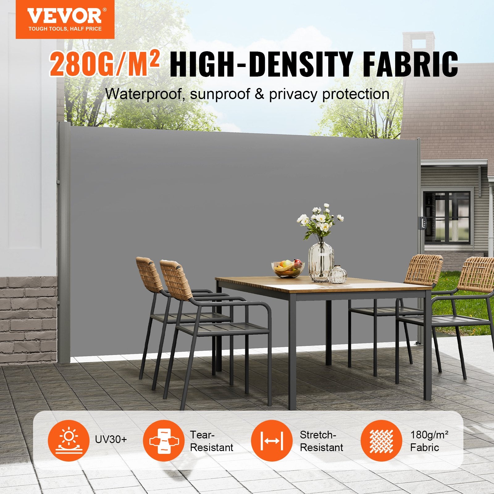 Awnings: VEVOR Retractable Side Awning, 160X300m Aluminum Outdoor Privacy Screen, 280g Polyester Water-proof Retractable Patio Screen, UV 30+ Room Divider Wind Screen for Patio, Backyard, Balcony, Gray