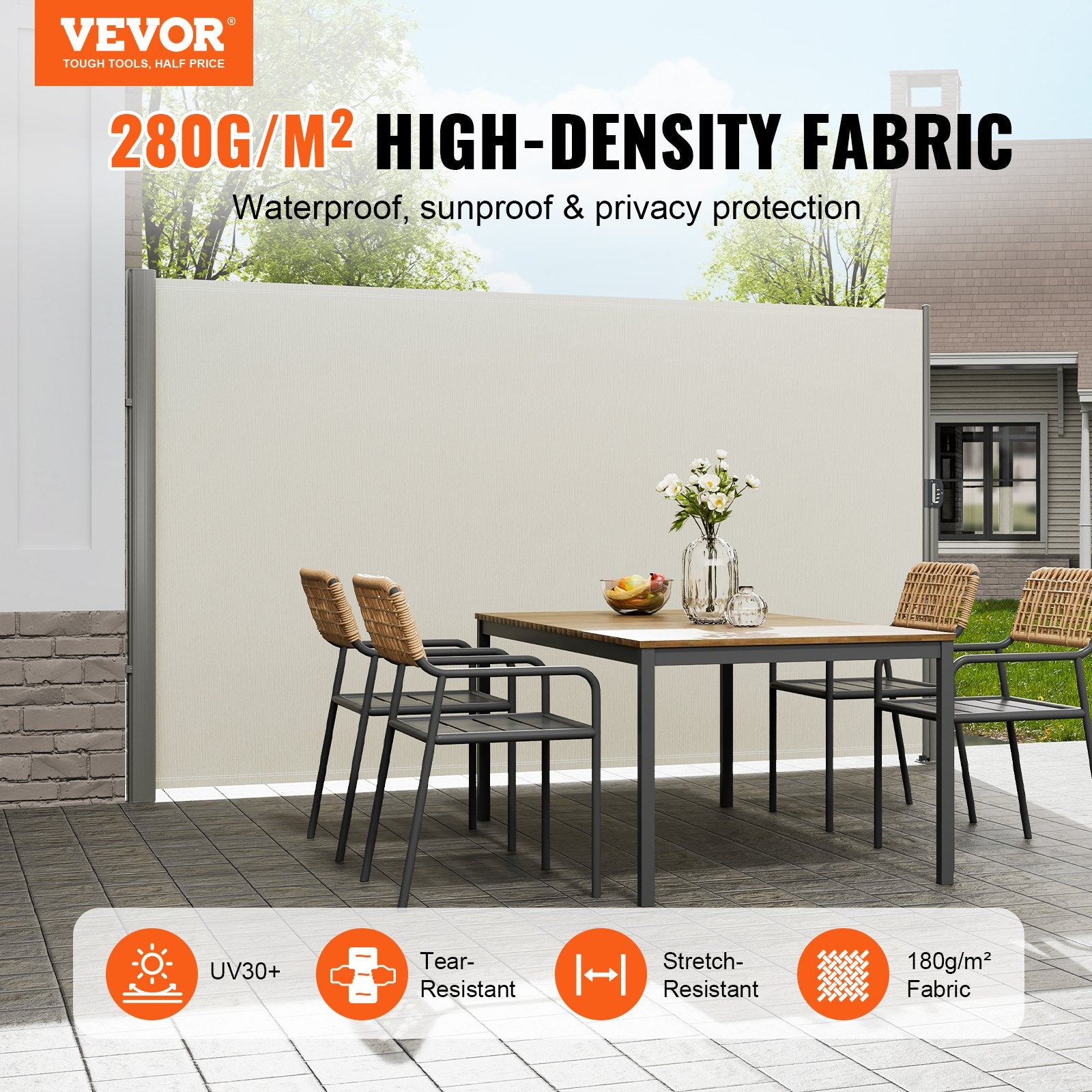 Canopies & Gazebos: VEVOR Retractable Side Awning,160X300cm Aluminum Outdoor Privacy Screen, 280g Polyester Water-proof Retractable Patio Screen, UV 30+ Room Divider Wind Screen for Patio, Backyard, Balcony, Beige