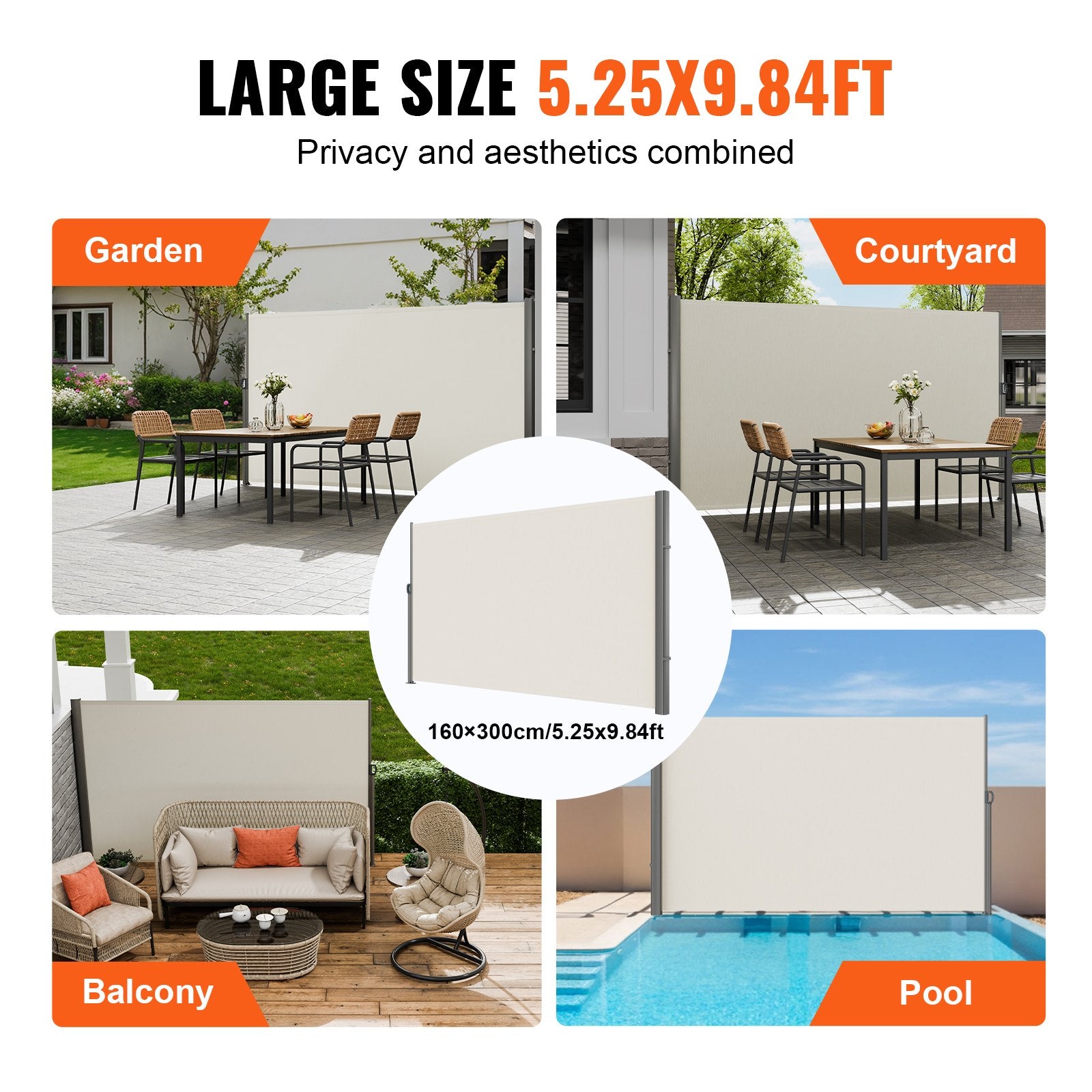 Canopies & Gazebos: VEVOR Retractable Side Awning,160X300cm Aluminum Outdoor Privacy Screen, 280g Polyester Water-proof Retractable Patio Screen, UV 30+ Room Divider Wind Screen for Patio, Backyard, Balcony, Beige