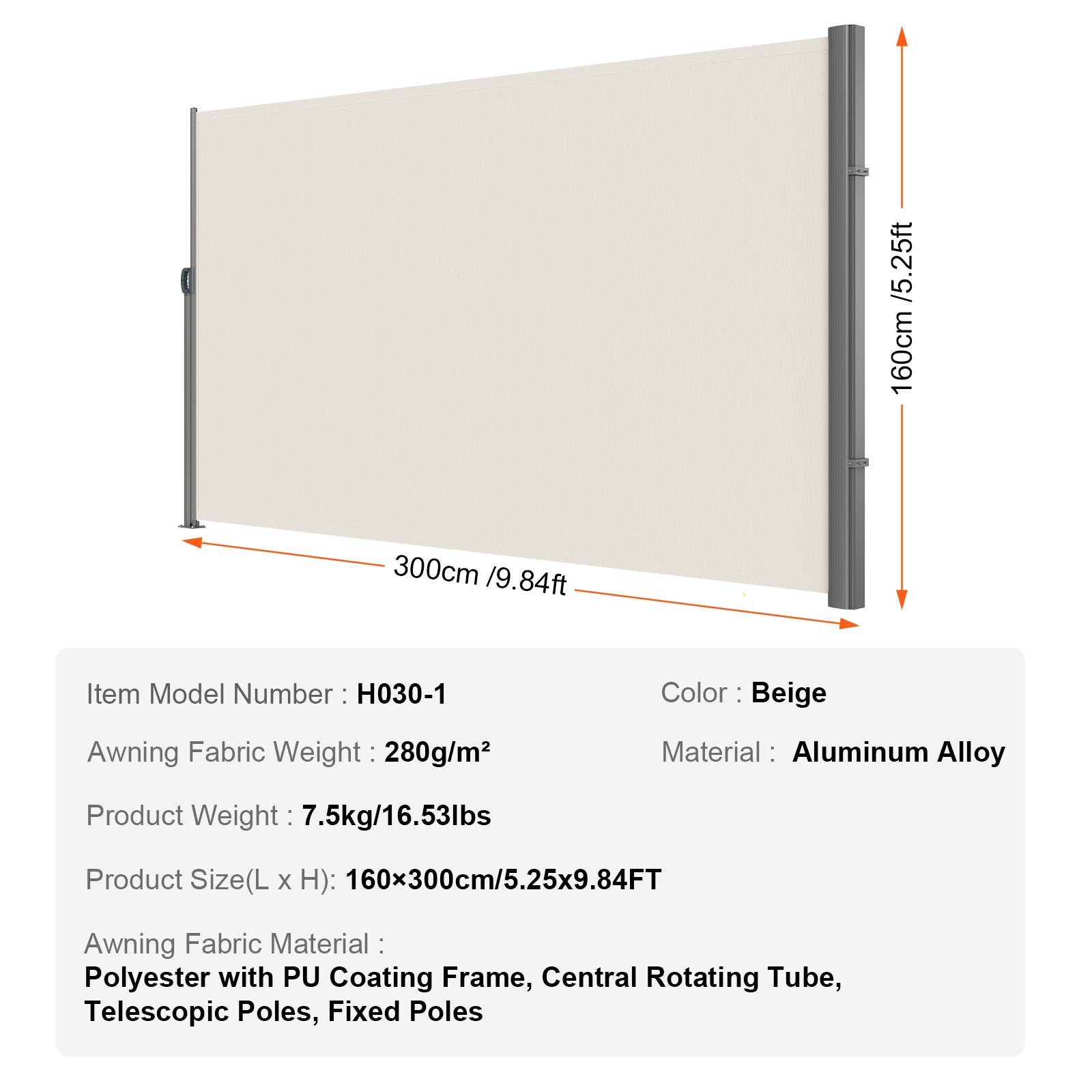 Canopies & Gazebos: VEVOR Retractable Side Awning,160X300cm Aluminum Outdoor Privacy Screen, 280g Polyester Water-proof Retractable Patio Screen, UV 30+ Room Divider Wind Screen for Patio, Backyard, Balcony, Beige