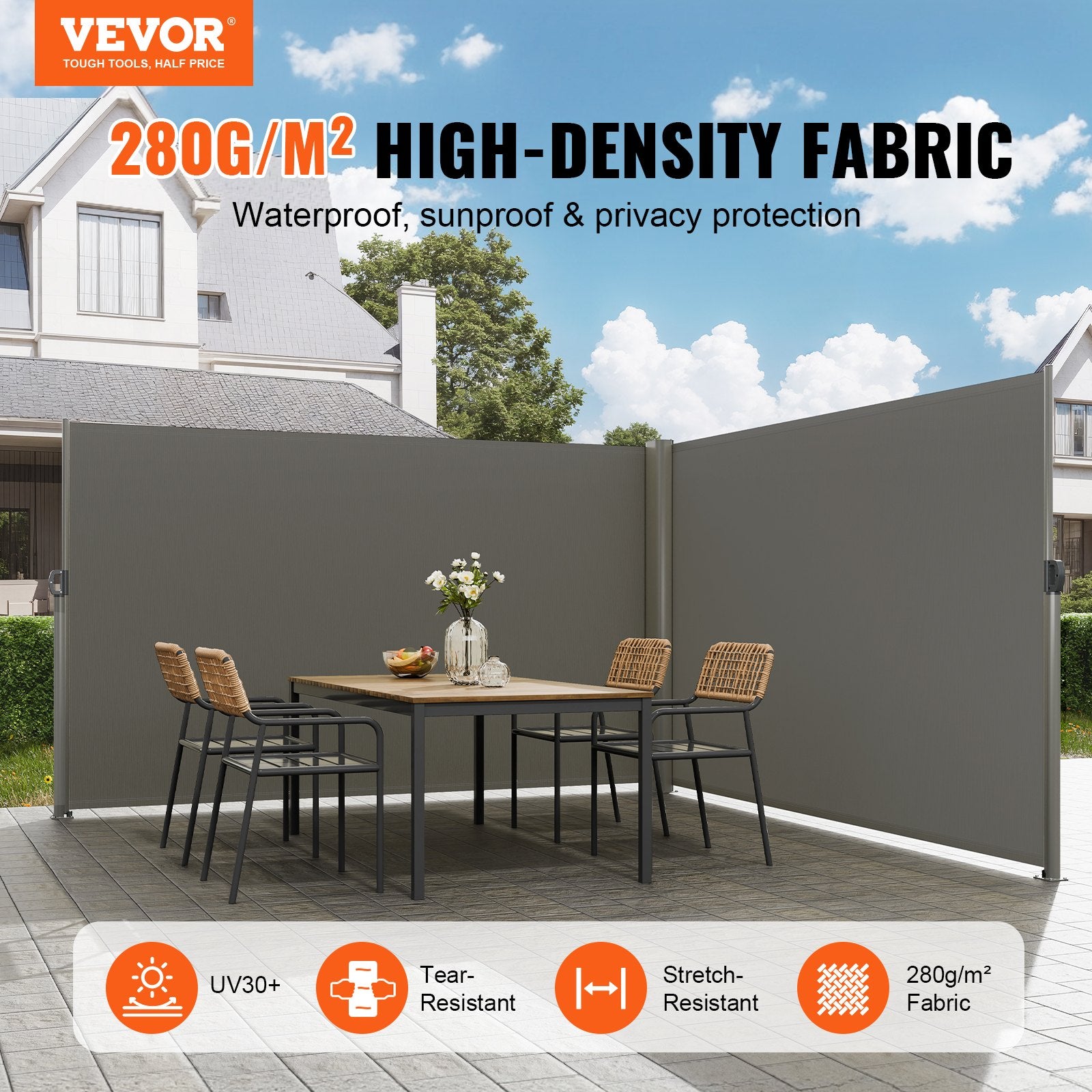 Canopies & Gazebos: VEVOR Retractable Side Awning, 160X600cm Aluminum Outdoor Privacy Screen, 280g Polyester Water-proof Retractable Patio Screen, UV 30+ Room Divider Wind Screen for Patio, Backyard, Balcony, Gray