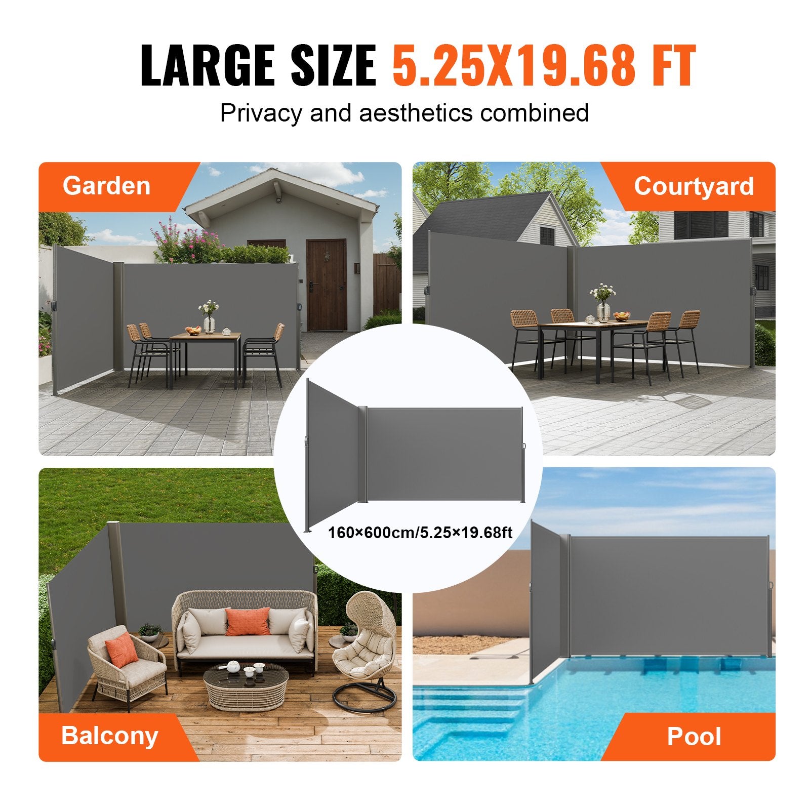Canopies & Gazebos: VEVOR Retractable Side Awning, 160X600cm Aluminum Outdoor Privacy Screen, 280g Polyester Water-proof Retractable Patio Screen, UV 30+ Room Divider Wind Screen for Patio, Backyard, Balcony, Gray
