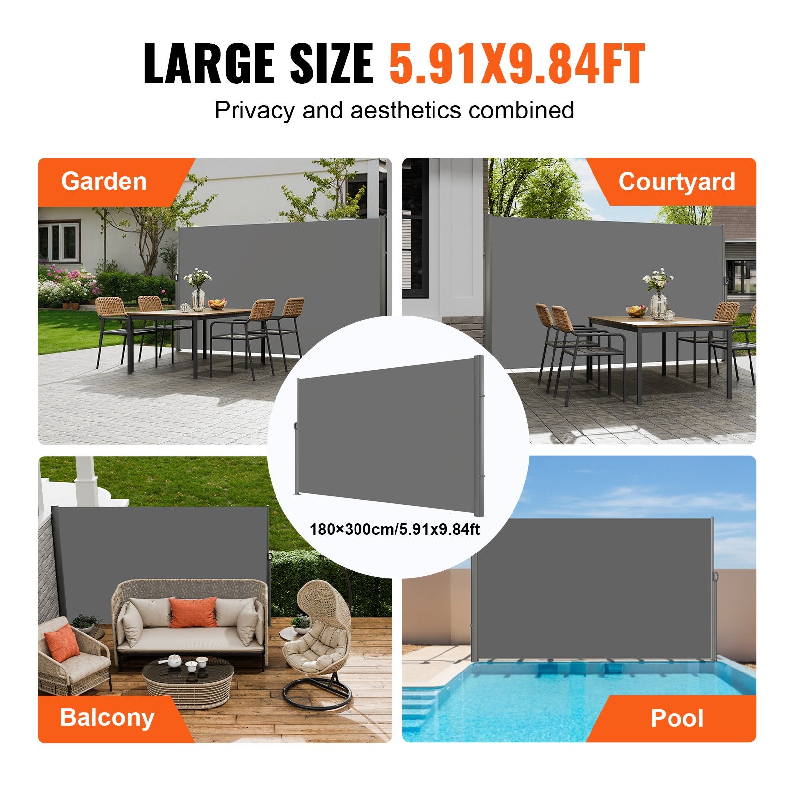 Canopies & Gazebos: VEVOR Retractable Side Awning, 180X300cm Aluminum Outdoor Privacy Screen, 280g Polyester Water-proof Retractable Patio Screen, UV 30+ Room Divider Wind Screen for Patio, Backyard, Balcony, Gray