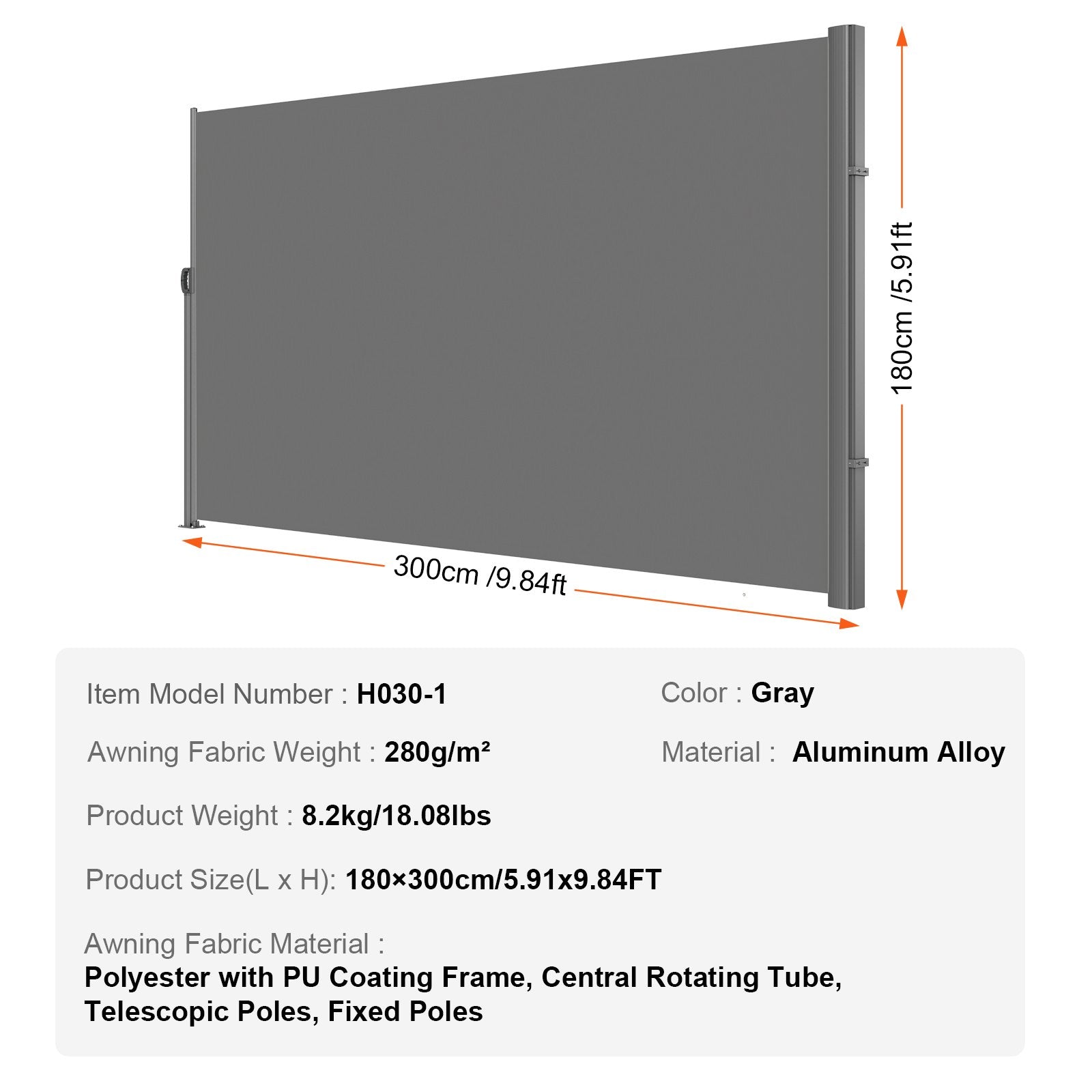 Canopies & Gazebos: VEVOR Retractable Side Awning, 180X300cm Aluminum Outdoor Privacy Screen, 280g Polyester Water-proof Retractable Patio Screen, UV 30+ Room Divider Wind Screen for Patio, Backyard, Balcony, Gray