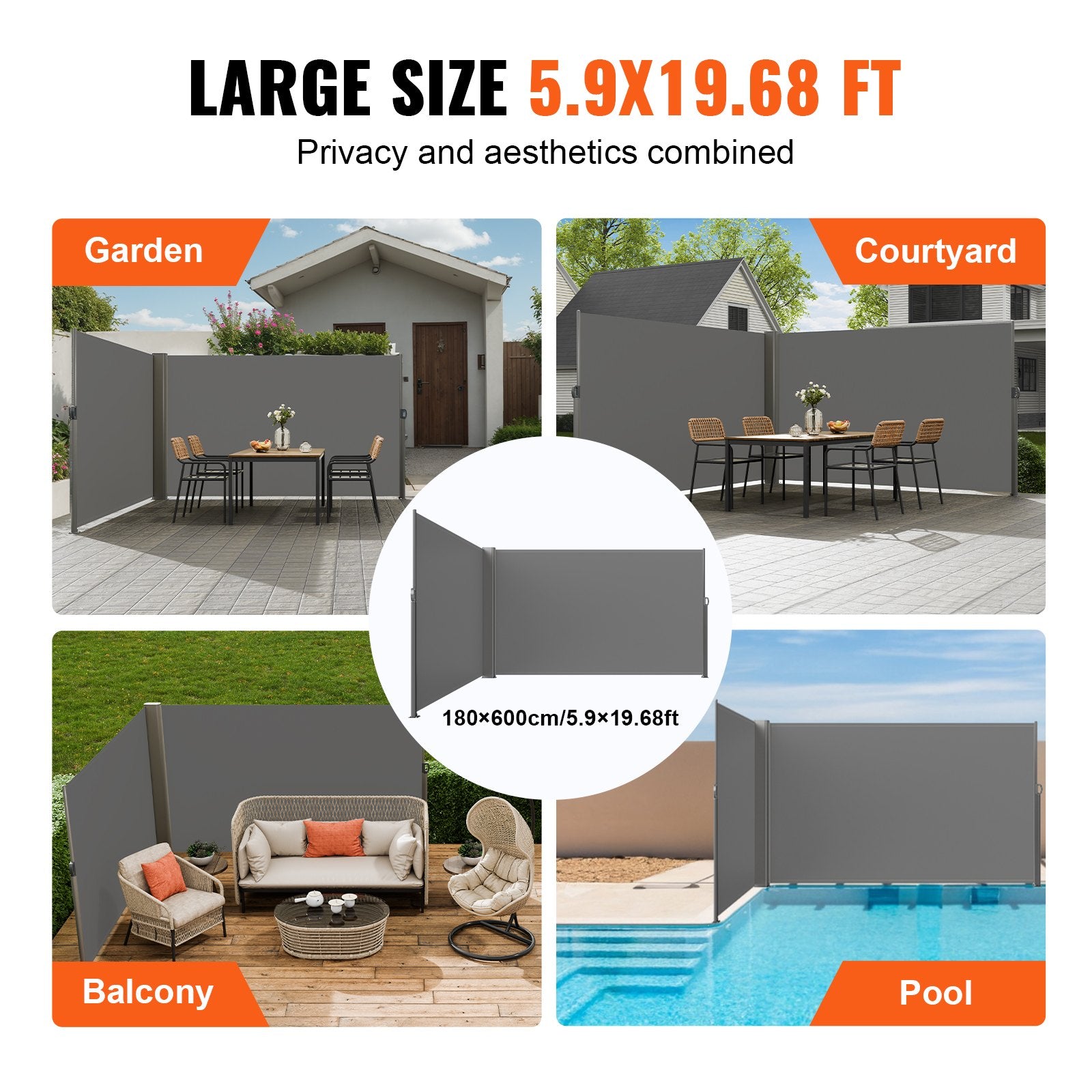 Canopies & Gazebos: VEVOR Retractable Side Awning, 180X600cm Aluminum Outdoor Privacy Screen, 280g Polyester Water-proof Retractable Patio Screen, UV 30+ Room Divider Wind Screen for Patio, Backyard, Balcony, Gray