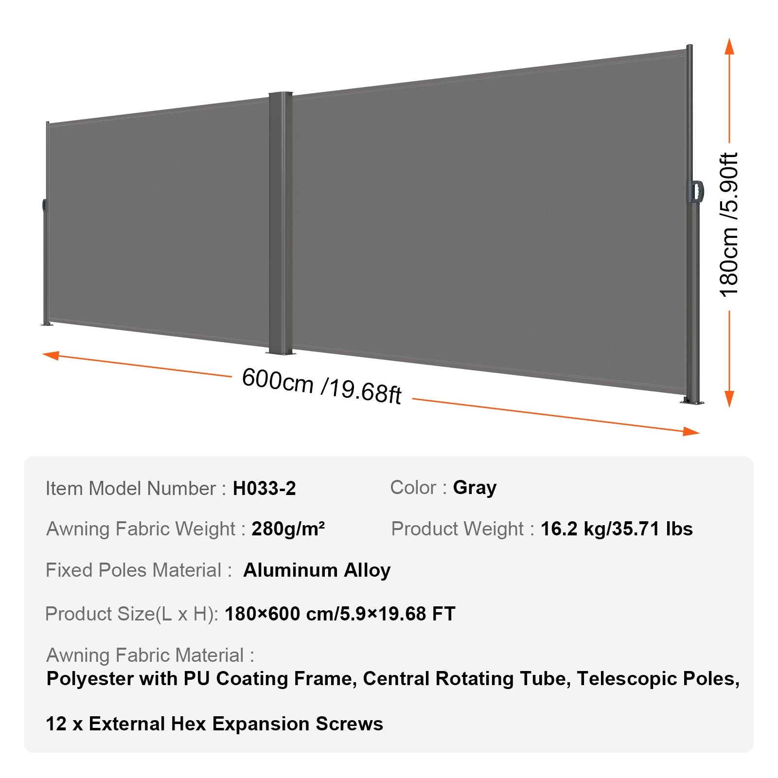 Canopies & Gazebos: VEVOR Retractable Side Awning, 180X600cm Aluminum Outdoor Privacy Screen, 280g Polyester Water-proof Retractable Patio Screen, UV 30+ Room Divider Wind Screen for Patio, Backyard, Balcony, Gray
