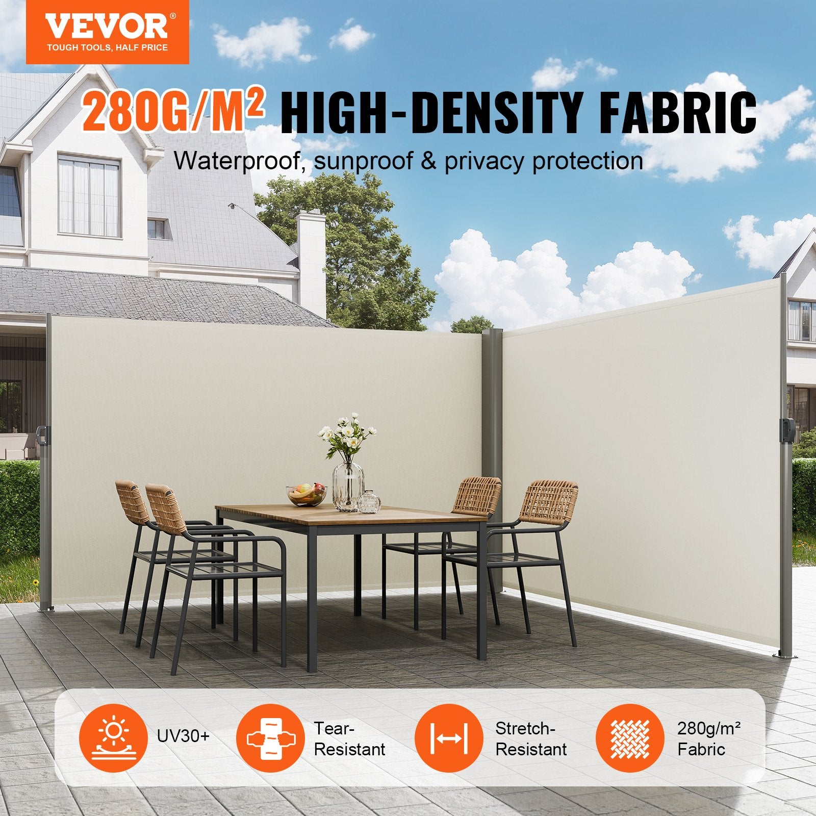 Canopies & Gazebos: VEVOR Retractable Side Awning, 180X600cm Aluminum Outdoor Privacy Screen, 280g Polyester Water-proof Retractable Patio Screen, UV 30+ Room Divider Wind Screen for Patio, Backyard, Balcony, Beige