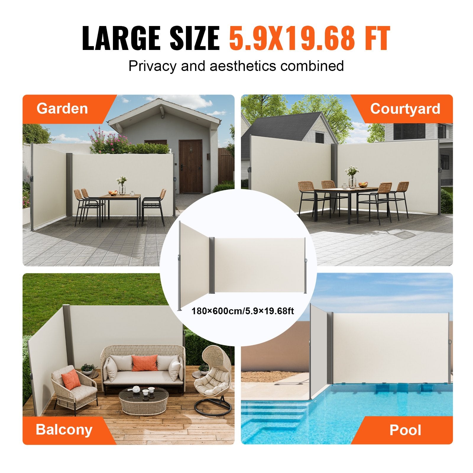 Canopies & Gazebos: VEVOR Retractable Side Awning, 180X600cm Aluminum Outdoor Privacy Screen, 280g Polyester Water-proof Retractable Patio Screen, UV 30+ Room Divider Wind Screen for Patio, Backyard, Balcony, Beige