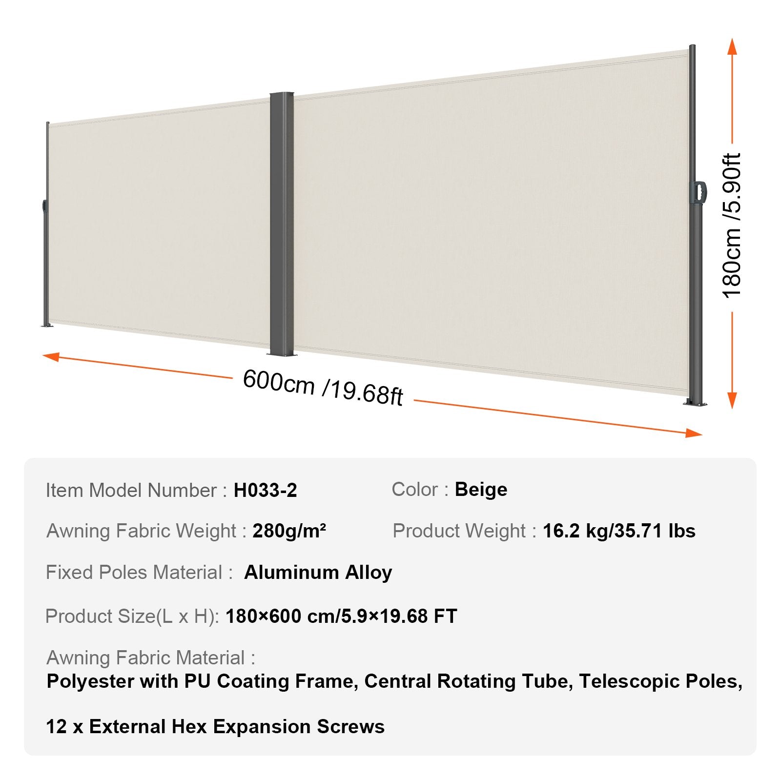 Canopies & Gazebos: VEVOR Retractable Side Awning, 180X600cm Aluminum Outdoor Privacy Screen, 280g Polyester Water-proof Retractable Patio Screen, UV 30+ Room Divider Wind Screen for Patio, Backyard, Balcony, Beige