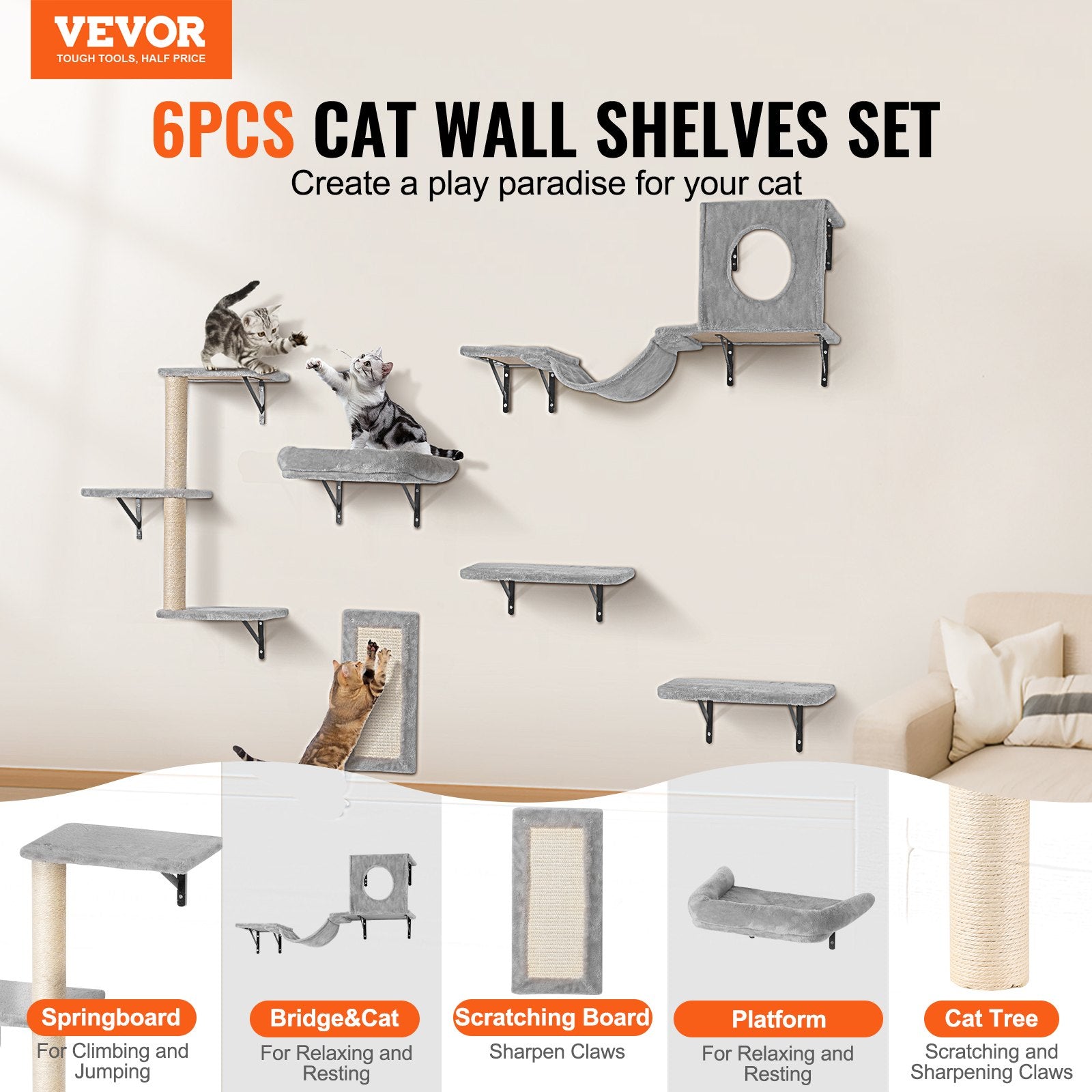 Coat Racks: VEVOR Wall Mounted Cat Shelves, Cat Wall Shelves and Perches with Jumping Boards, Hammock, Sofa, Cat Tree & Cat Grip, Cat Furniture and Shelves up to 40 lbs for Sleeping, Playing, Climbing, Set of 6