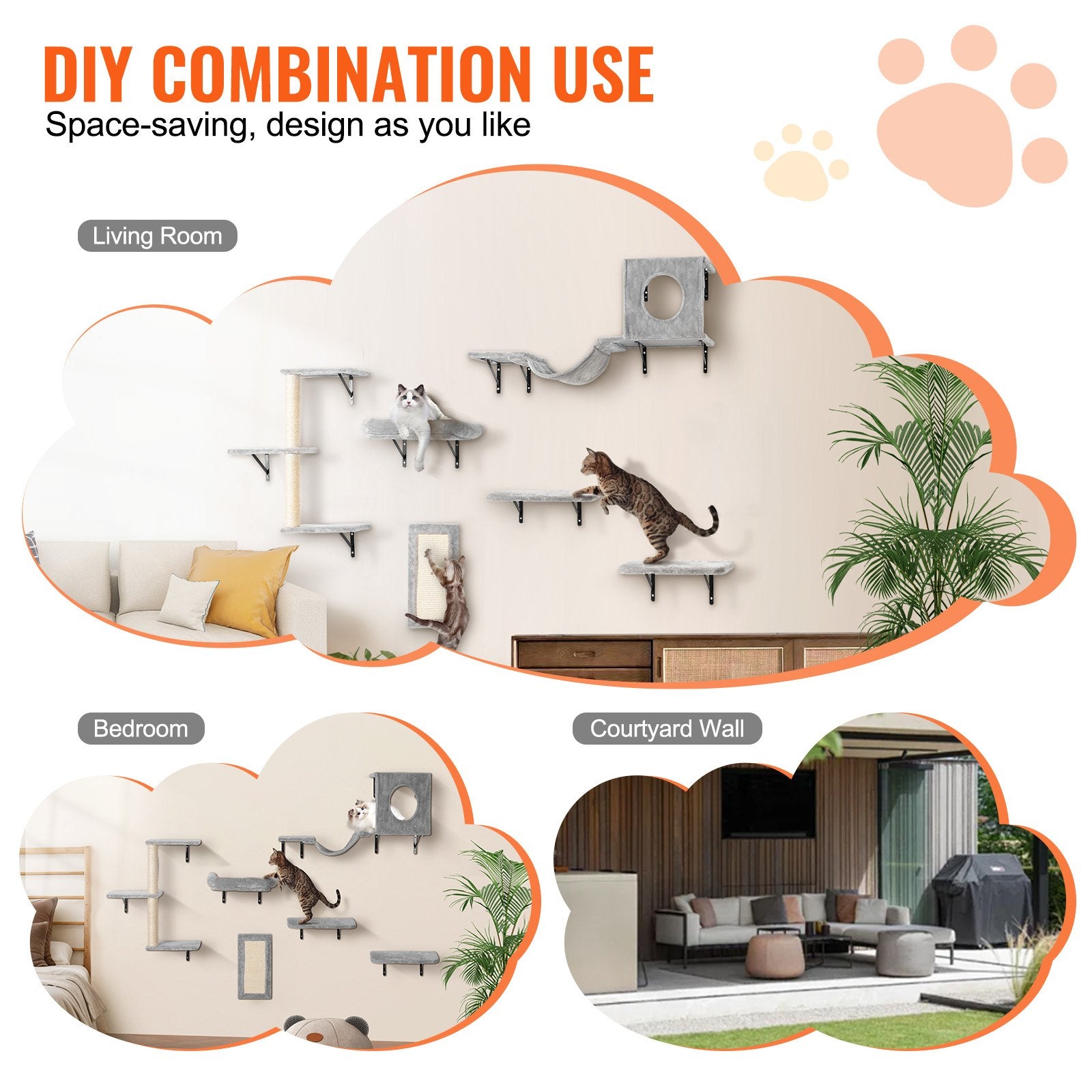 Coat Racks: VEVOR Wall Mounted Cat Shelves, Cat Wall Shelves and Perches with Jumping Boards, Hammock, Sofa, Cat Tree & Cat Grip, Cat Furniture and Shelves up to 40 lbs for Sleeping, Playing, Climbing, Set of 6