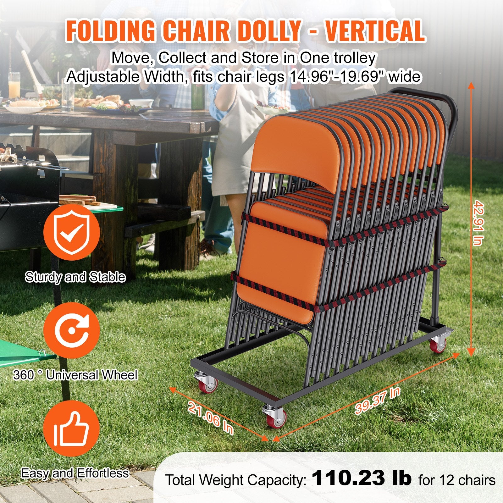 Folding Chair Dolly, Iron Commercial Cart with 12 Chairs Capacity, Folding Chairs Rack Trolley with 4 Casters, Storage Transport Dolly for Flat Stacking Plastic Resin and Wood Chairs, Black