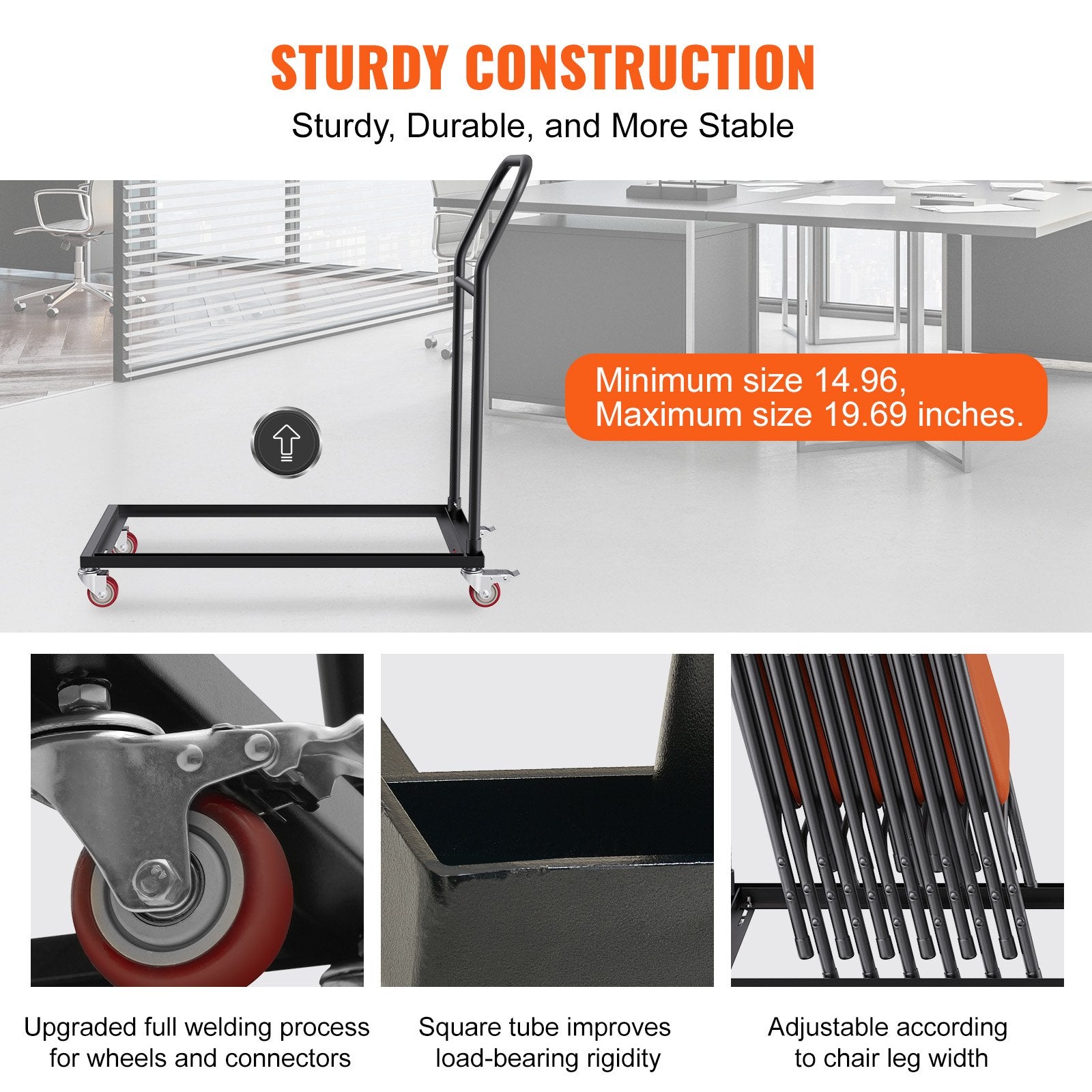 Folding Chair Dolly, Iron Commercial Cart with 12 Chairs Capacity, Folding Chairs Rack Trolley with 4 Casters, Storage Transport Dolly for Flat Stacking Plastic Resin and Wood Chairs, Black
