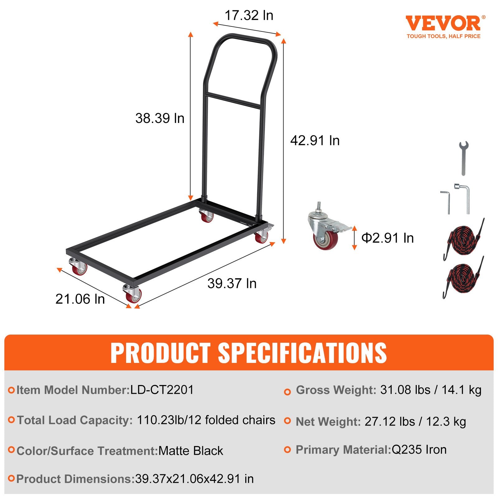Folding Chair Dolly, Iron Commercial Cart with 12 Chairs Capacity, Folding Chairs Rack Trolley with 4 Casters, Storage Transport Dolly for Flat Stacking Plastic Resin and Wood Chairs, Black