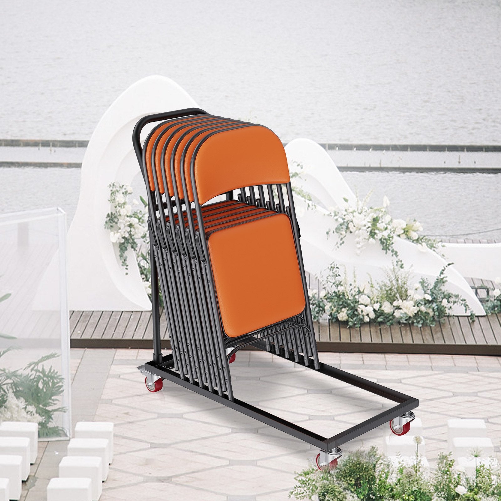 Folding Chair Dolly, Iron Commercial Cart with 12 Chairs Capacity, Folding Chairs Rack Trolley with 4 Casters, Storage Transport Dolly for Flat Stacking Plastic Resin and Wood Chairs, Black
