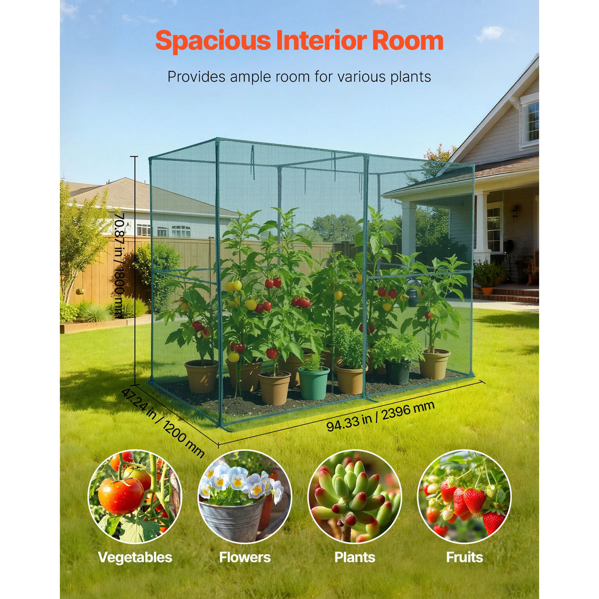 Crop Cage, 2.39 x 1.2 x 1.8 m Plant Protection Tent with Zippered Door, Wind-Resistant Tall Crop Cage, Easy to Install, Outdoor Raised Bed Cover, Tomato Plant Netting for Garden Patio Lawn