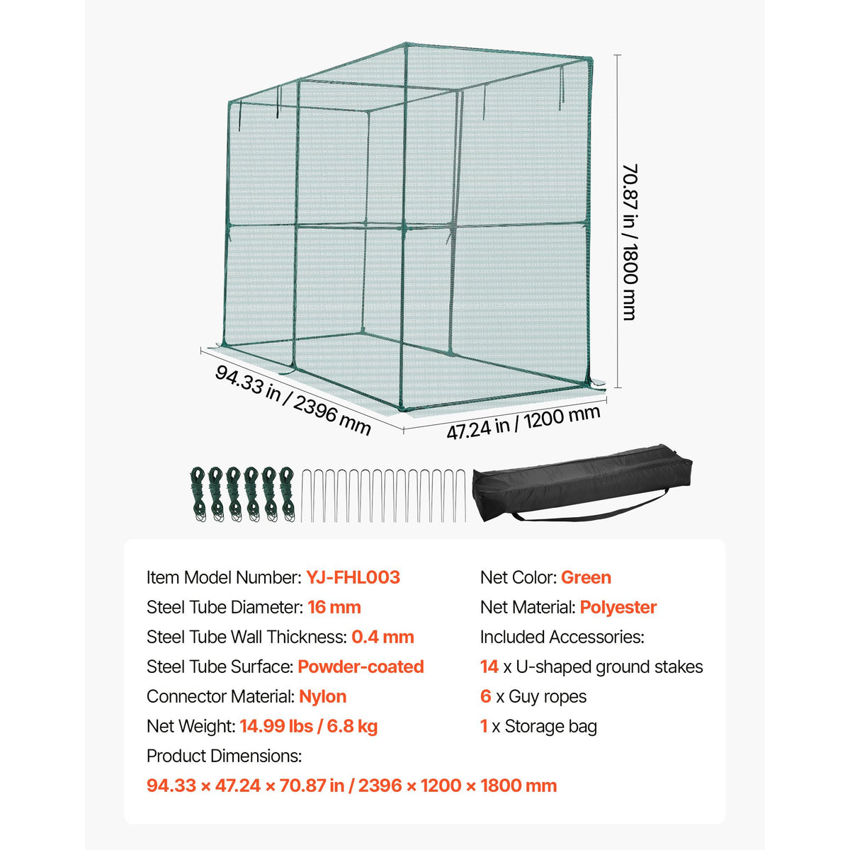Crop Cage, 2.39 x 1.2 x 1.8 m Plant Protection Tent with Zippered Door, Wind-Resistant Tall Crop Cage, Easy to Install, Outdoor Raised Bed Cover, Tomato Plant Netting for Garden Patio Lawn