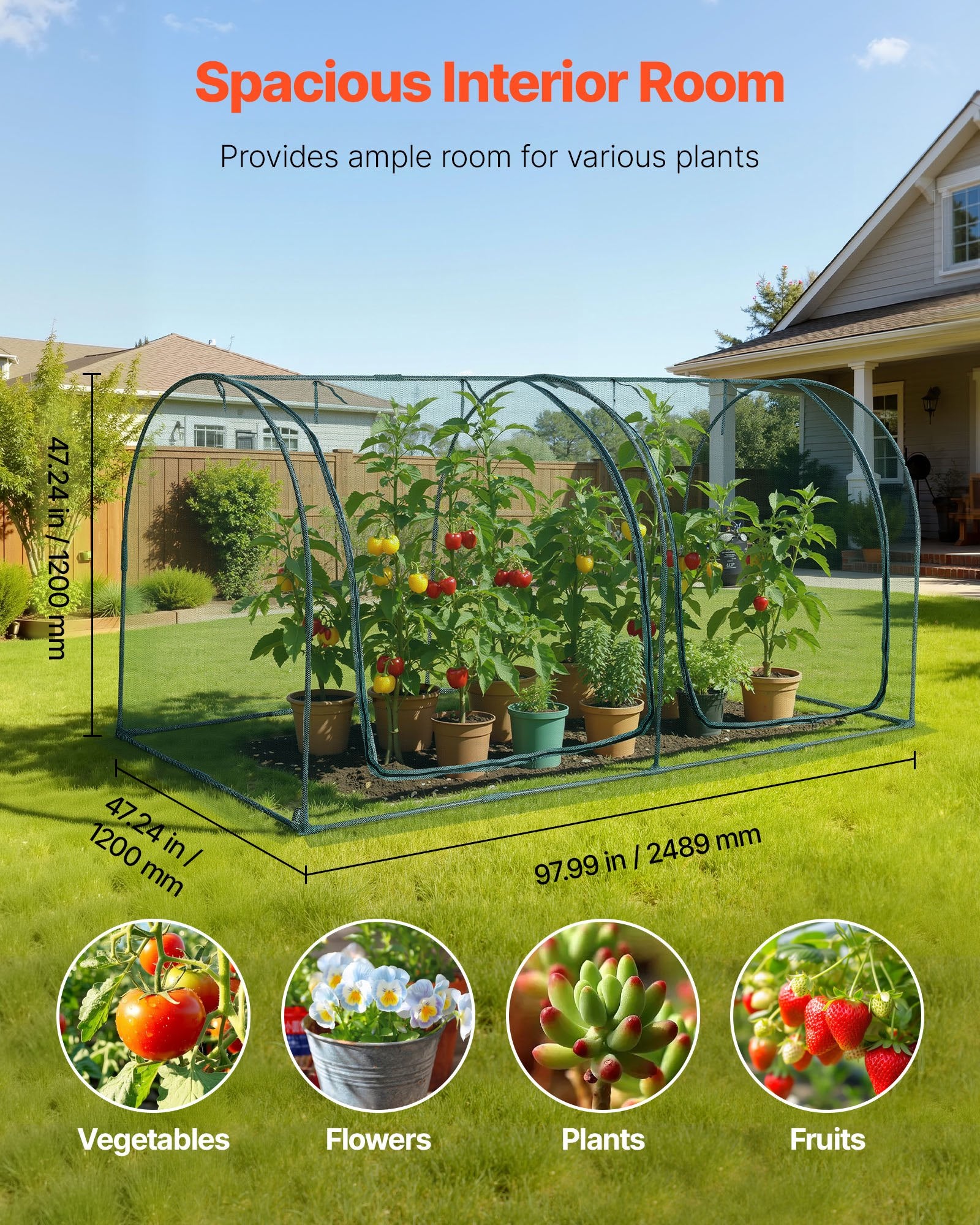 Crop Cage, 2.48 x 1.2 x 1.2 m Plant Protection Tent with Zippered Door, Wind-Resistant Tall Crop Cage, Easy to Install, Outdoor Raised Bed Cover with Frame, Plant Netting for Garden Patio Lawn