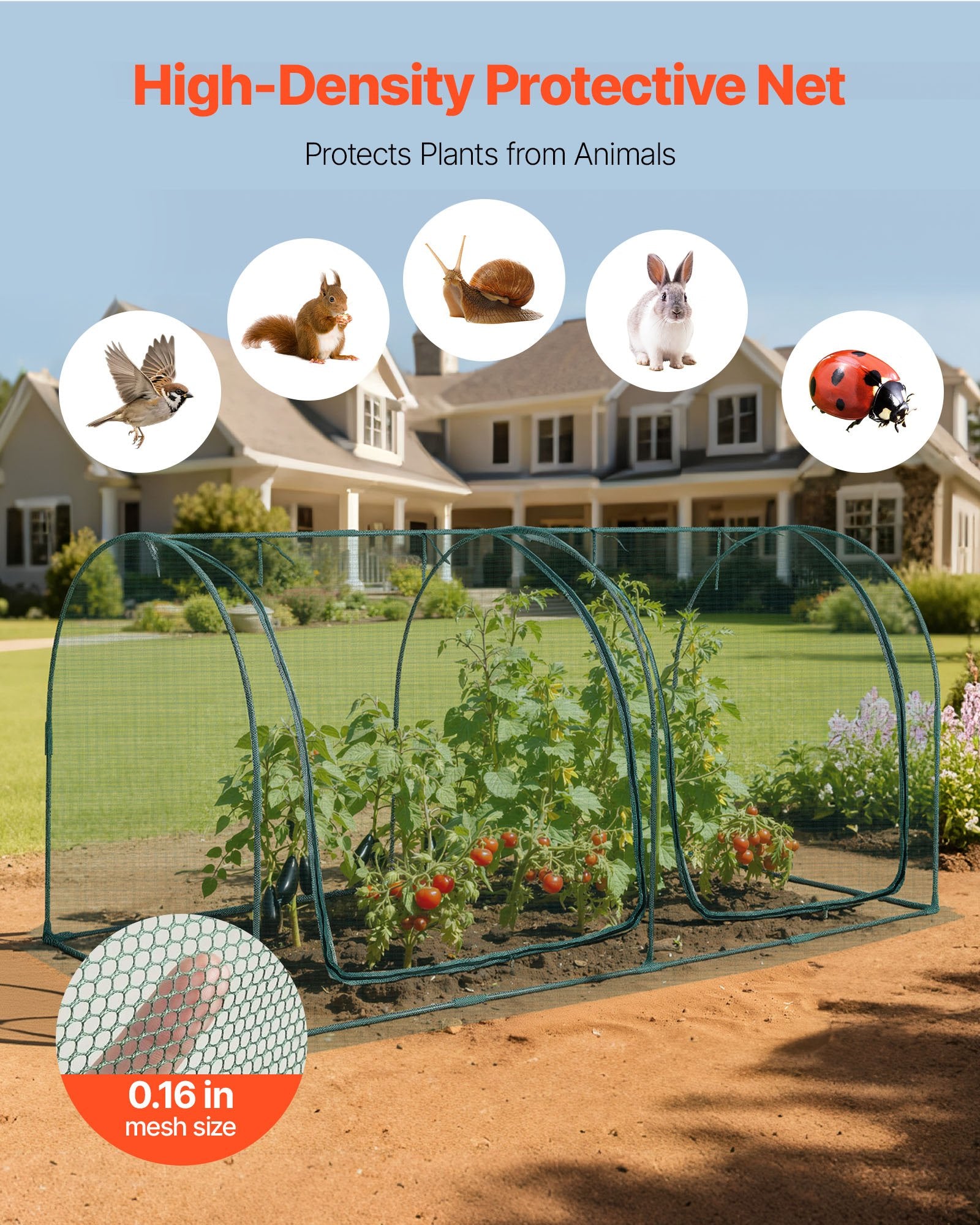 Crop Cage, 2.48 x 1.2 x 1.2 m Plant Protection Tent with Zippered Door, Wind-Resistant Tall Crop Cage, Easy to Install, Outdoor Raised Bed Cover with Frame, Plant Netting for Garden Patio Lawn