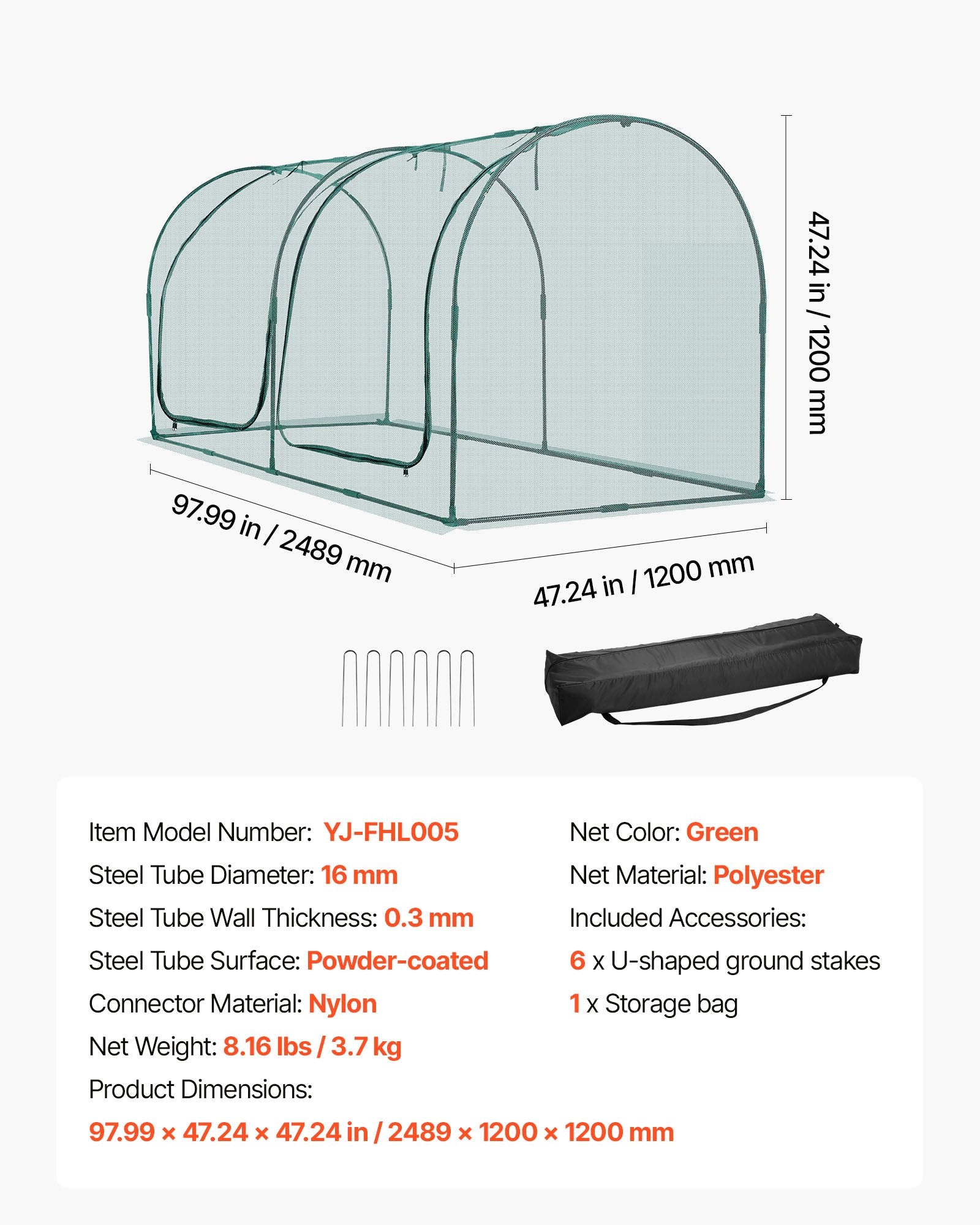 Crop Cage, 2.48 x 1.2 x 1.2 m Plant Protection Tent with Zippered Door, Wind-Resistant Tall Crop Cage, Easy to Install, Outdoor Raised Bed Cover with Frame, Plant Netting for Garden Patio Lawn