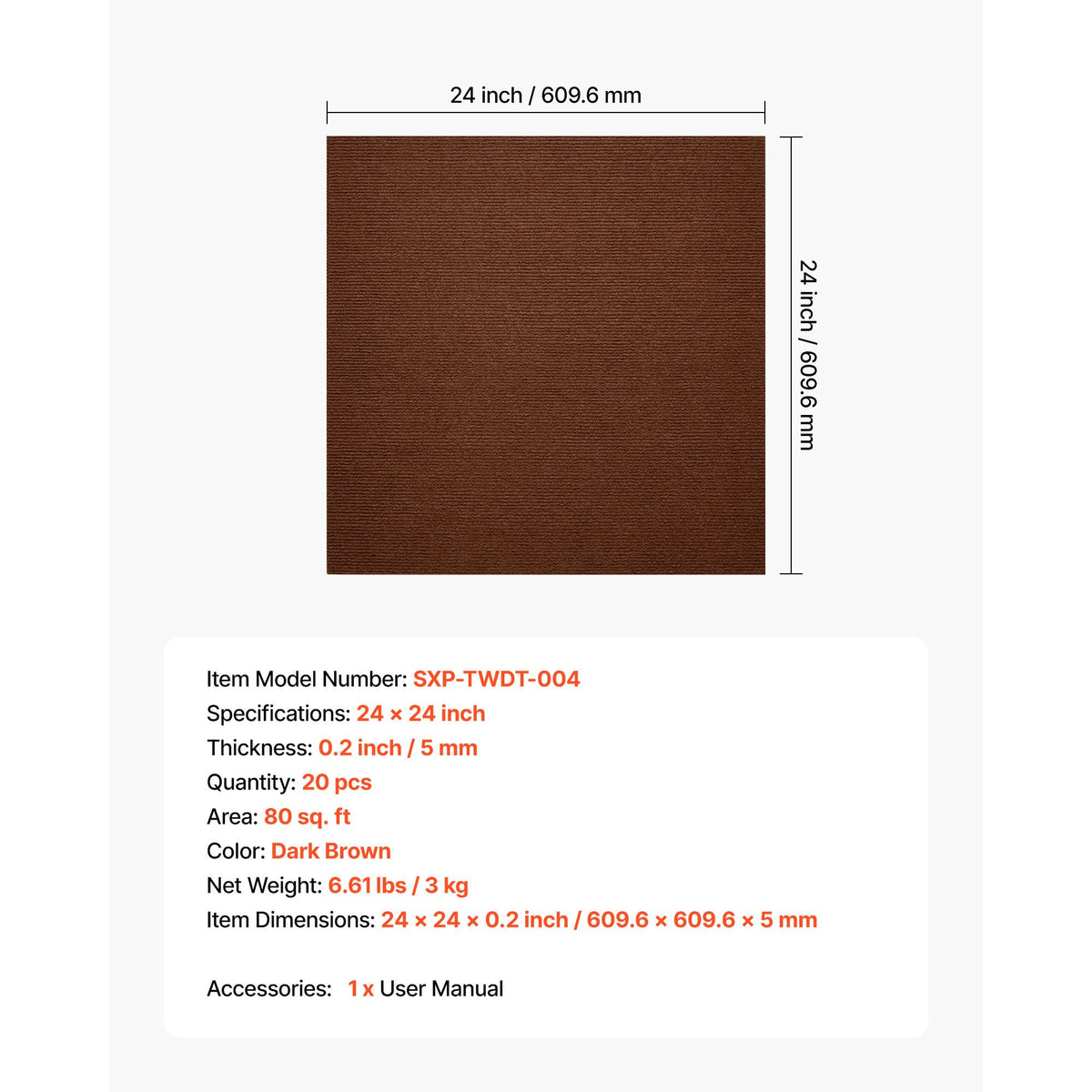 Carpet Tiles 610x610 mm, 20 PCS Peel and Stick Carpet Square Rug, Self Adhesive Commercial Floor Soft Padded for Seamless Cover 7.4㎡, Easy DIY Replacement for Living Room Office, Dark Brown