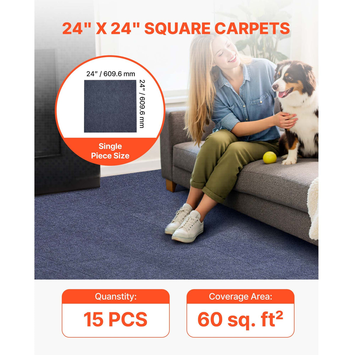 Carpet Tiles 610x610 mm, 15 Pack Peel and Stick Carpet Square Rug, Self Adhesive Commercial Floor Soft Padded for Seamless Cover 5.6㎡, Easy DIY Replacement for Living Room Office, Gray