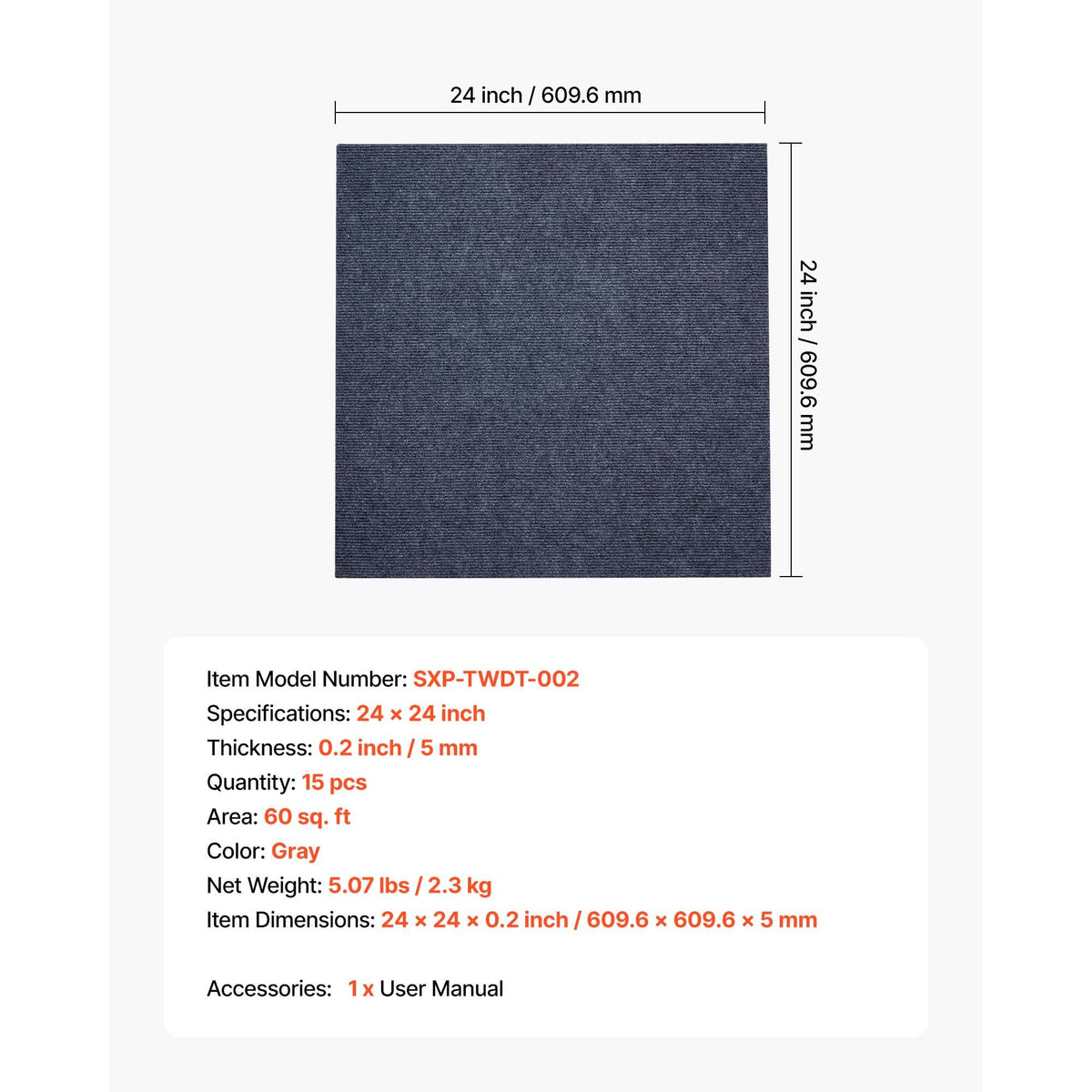 Carpet Tiles 610x610 mm, 15 Pack Peel and Stick Carpet Square Rug, Self Adhesive Commercial Floor Soft Padded for Seamless Cover 5.6㎡, Easy DIY Replacement for Living Room Office, Gray