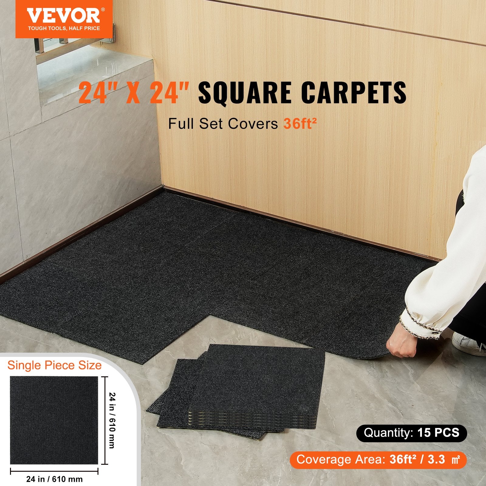Flooring: VEVOR Carpet Tiles Peel and Stick, 24” x 24” Squares Self Adhesive Carpet Floor Tile, Soft Padded Carpet Tiles, Easy Install DIY for Bedroom Living Room Indoor Outdoor (15Tiles, Carbon Black)