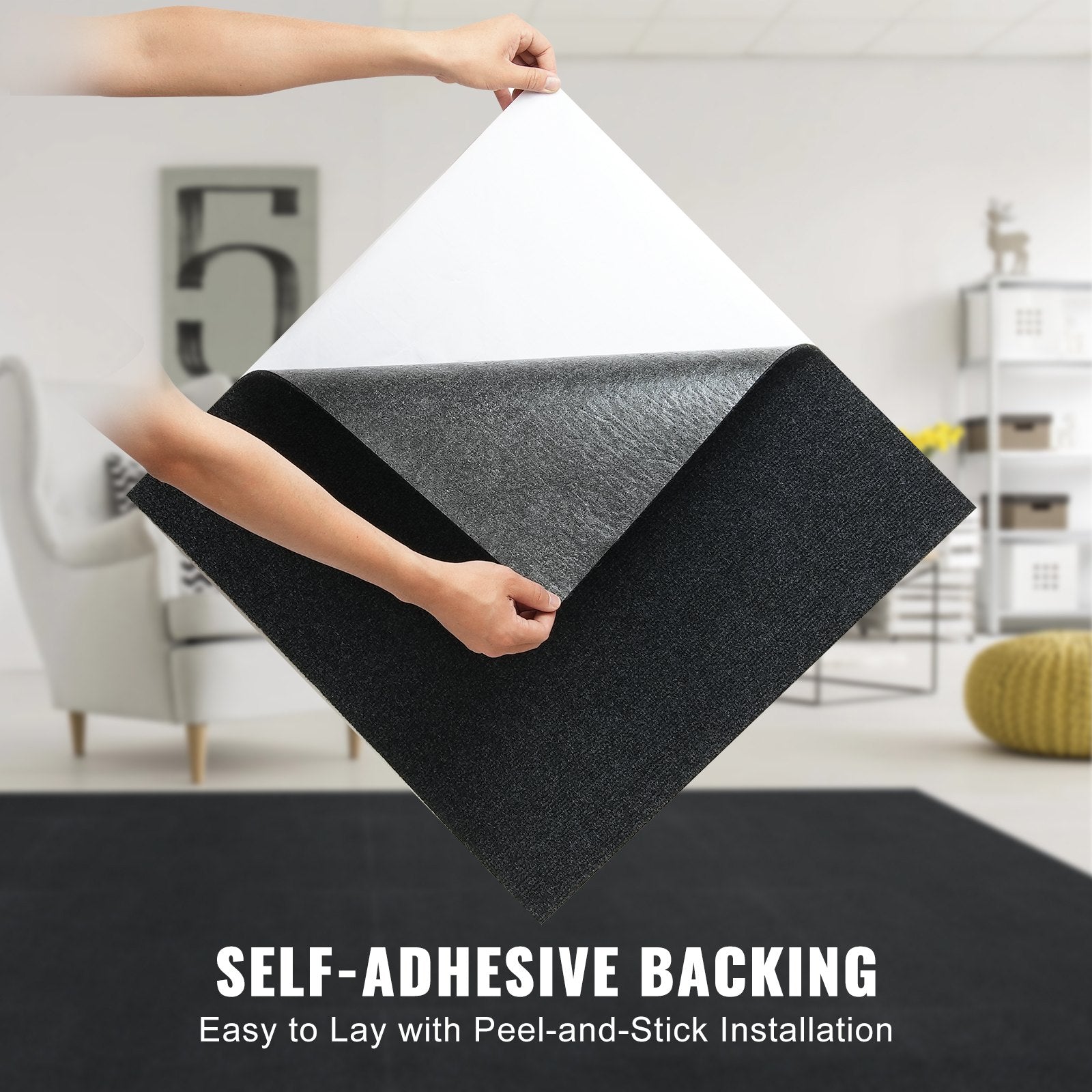 Flooring: VEVOR Carpet Tiles Peel and Stick, 24” x 24” Squares Self Adhesive Carpet Floor Tile, Soft Padded Carpet Tiles, Easy Install DIY for Bedroom Living Room Indoor Outdoor (15Tiles, Carbon Black)