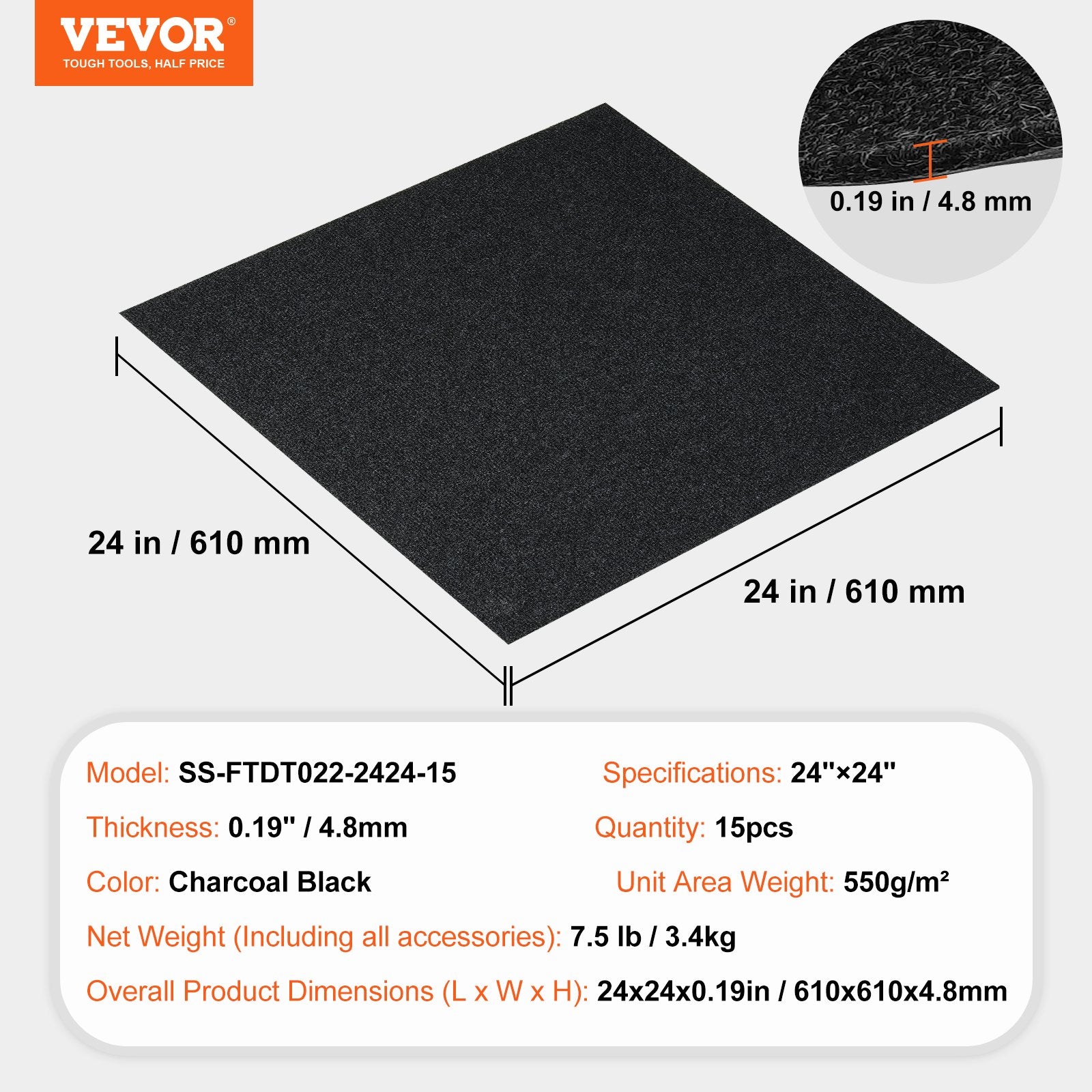 Flooring: VEVOR Carpet Tiles Peel and Stick, 24” x 24” Squares Self Adhesive Carpet Floor Tile, Soft Padded Carpet Tiles, Easy Install DIY for Bedroom Living Room Indoor Outdoor (15Tiles, Carbon Black)
