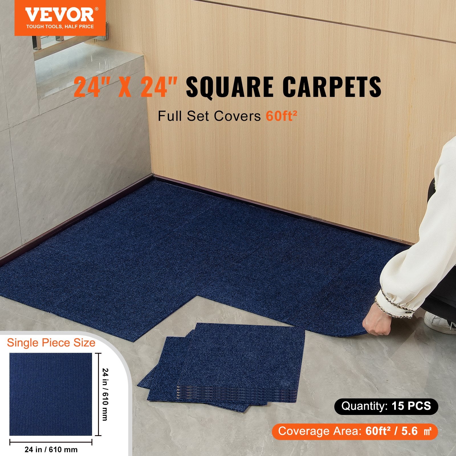 Carpet Tiles Peel and Stick, Squares Self Adhesive Carpet Floor Tile, Soft Padded Carpet Tiles, Easy Install DIY for Bedroom Living Room Indoor Outdoor (15Tiles, Dark Blue)